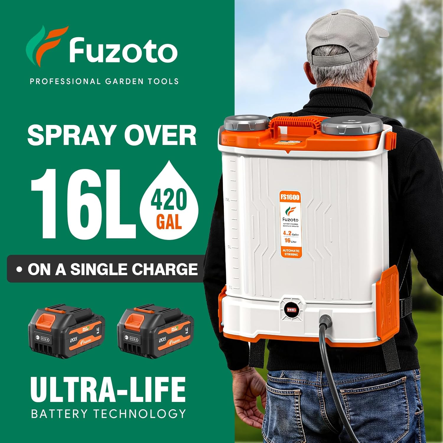 Battery Powered Backpack Sprayer 4.2Gallon, 45-90PSI Adjustable Pressure, 6 Hours Long Battery Life, Electric Backpack Garden Sprayer with 6 Spray Nozzles for Lawn, Garden, Yard thumbnail