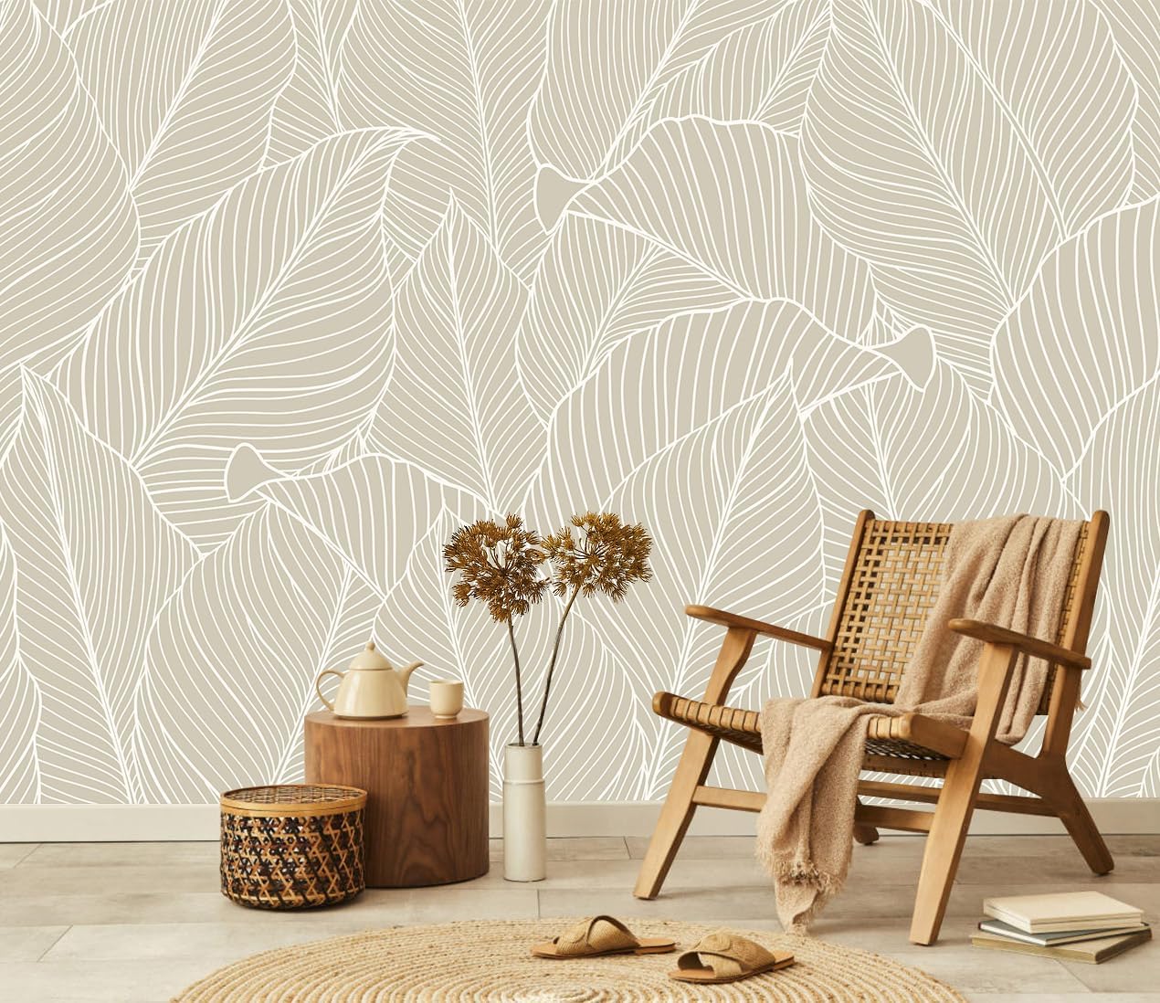 Tropical Palm Leaf Beige Wallpaper Peel and Stick Botanical Leaf Pattern Art Self Adhesive Wall Mural for Living Room Bedroom 137"x100"