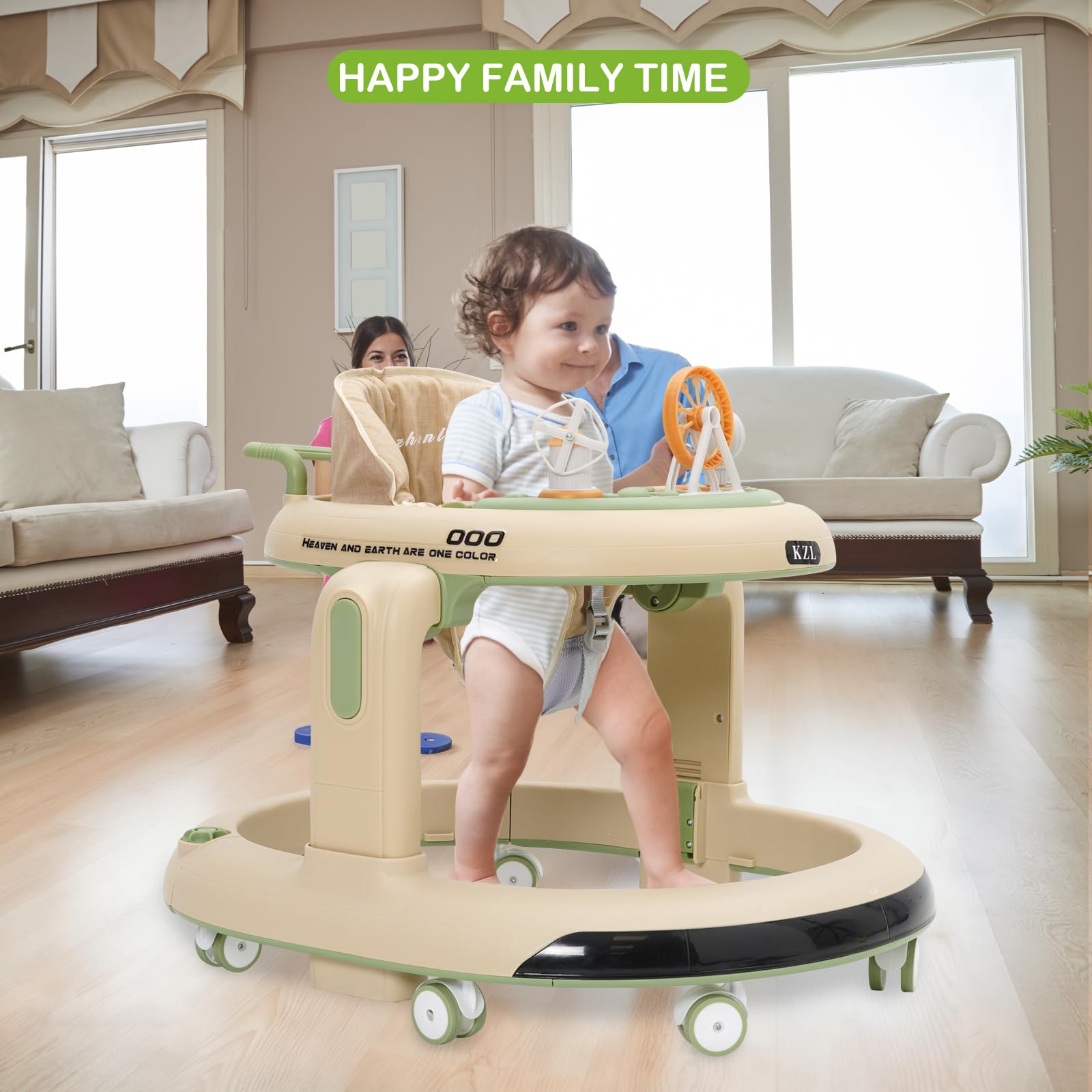 3 en 1 Trotteur Bébé,Babywalker avec 6 Hauteurs Réglables, Trotteur avec Roues Silencieuses à 360°,Plateau Repas et Plateau d'activités Musical Amovible, 6 Mois et plus(Vert)