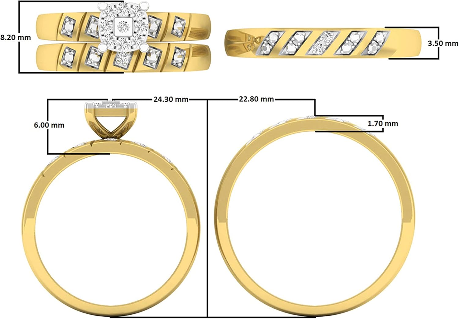 Dazzlingrock Collection 0.13 Carat (Cttw) 10K Round White Diamond Men's & Women's Engagement Ring Trio Ring Set, Yellow Gold