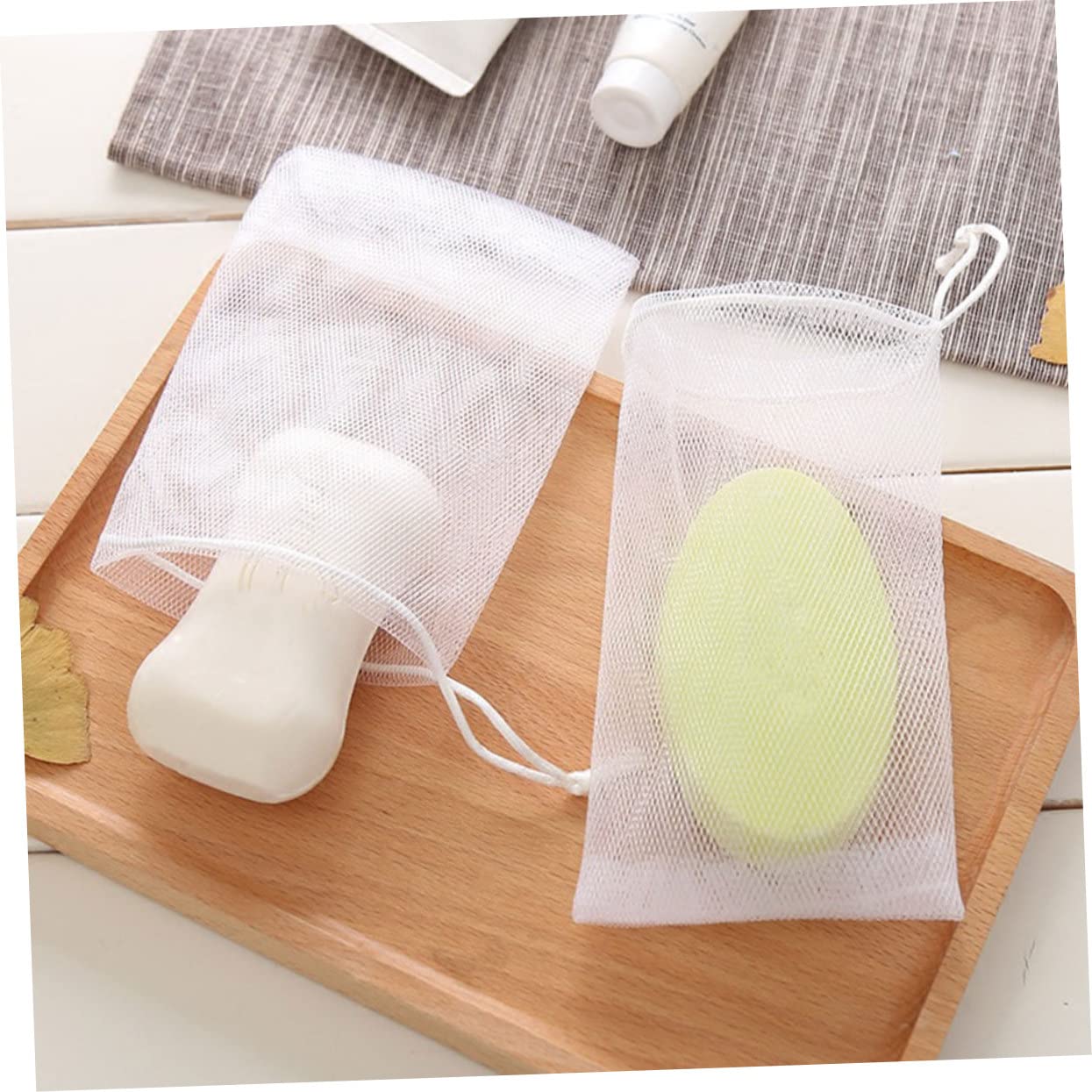 50 Pack White PE Foaming Net Soap Pouch for Face Cleansing