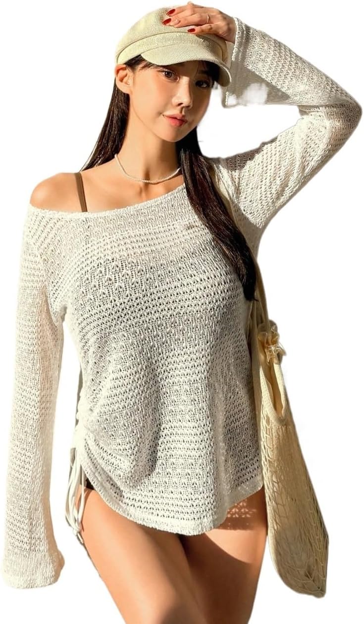 Women's Solid Color Round Neck Long Sleeve Cover Up Top, For Summer Beach cover ups for swimwear