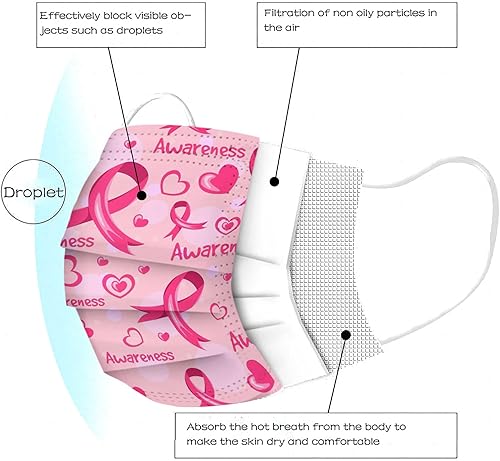 Miniatura 3 de Paquete de 50 mascarillas desechables para concientización del cáncer de mama, máscaras de cinta rosa para mujeres y adultos, protección facial de 3