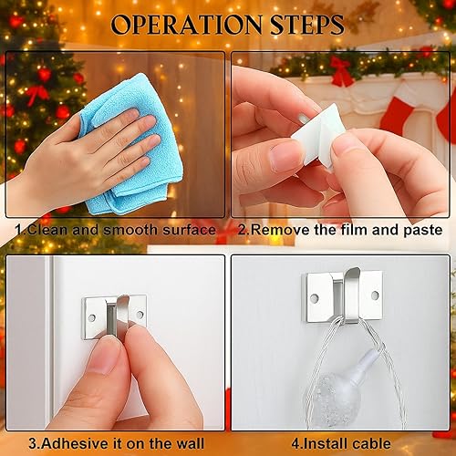 Miniatura 3 de Blulu Clips de Navidad para tiras de luces al aire libre, clips de cable de metal con soporte adhesivo para cables, ganchos de metal para colgar