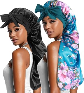 2pcs Long Satin Bonnets with Tie Band, Large Braid Bonnet Silky Hair Cap for Locs Women Sleeping, J