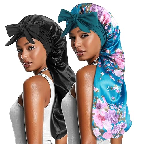 Miniatura 1 de 2 gorros largos de satén con banda de corbata, gorro de trenza grande para cabello sedoso para rastas de mujer, J