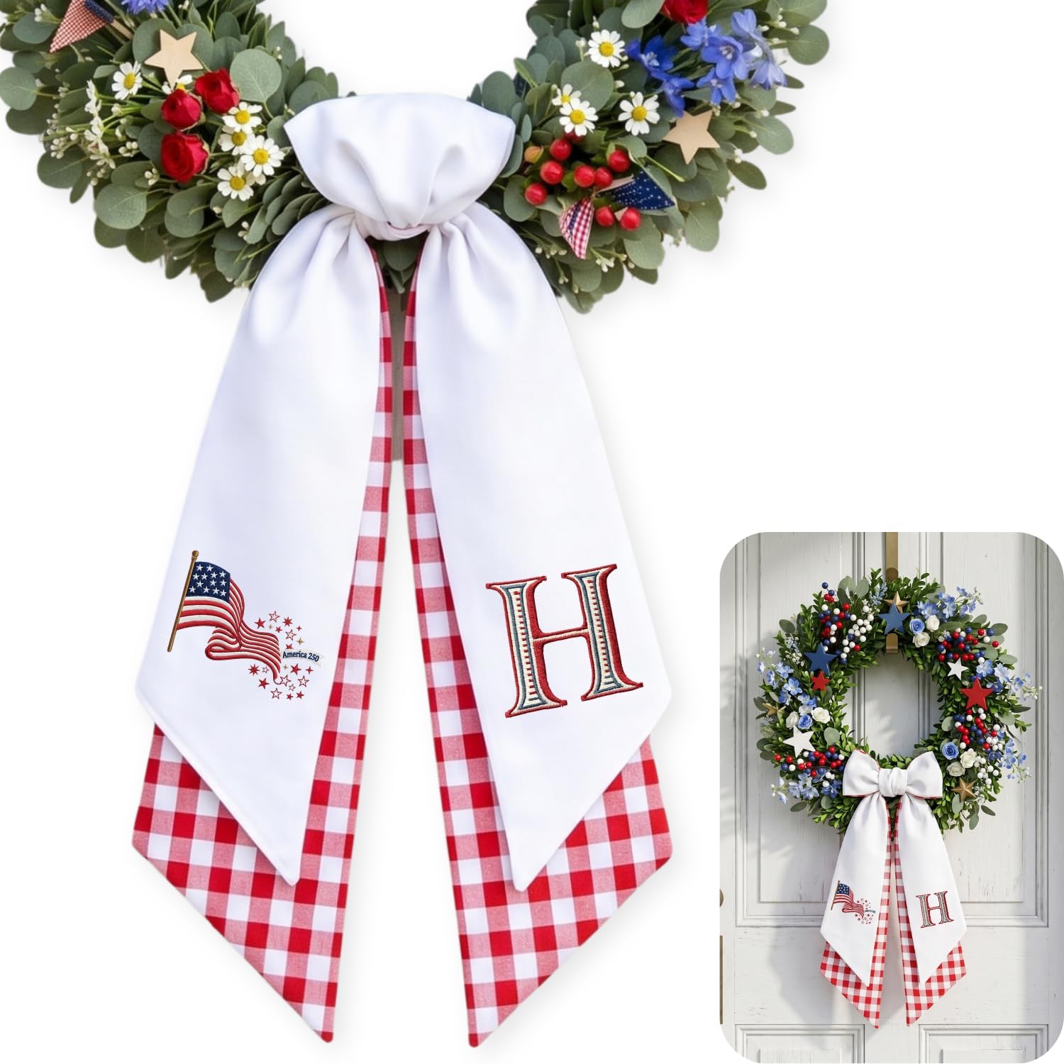 Monogram Wreath Sash for Front Door, Personalized Sash for Wreath, Monogram Name Embroidered Name Bow Gift Memorial, Holiday, Wedding, Farmhouse Door Wreath Decor (09 - Blue hygrangea)
