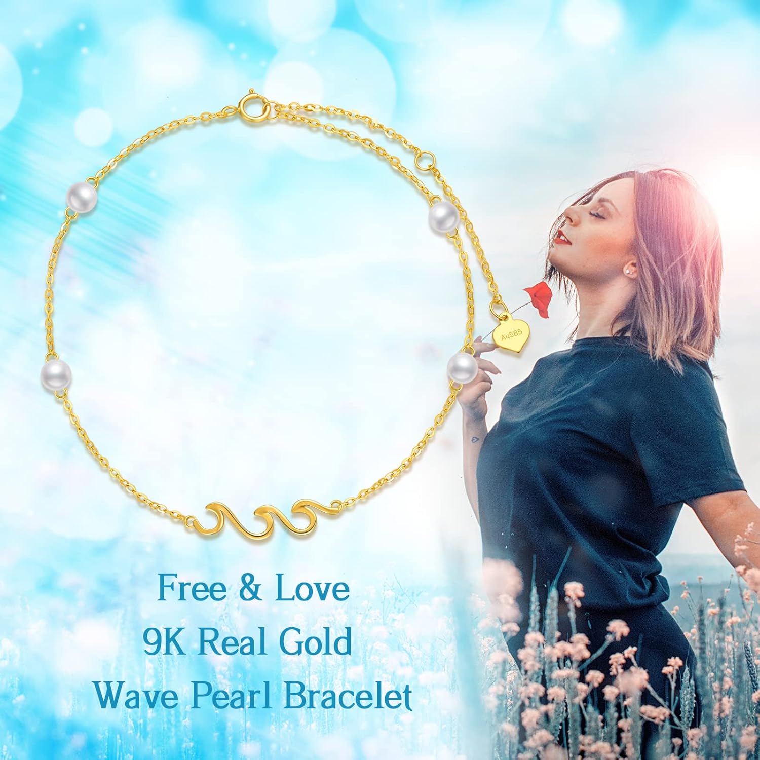 14K Gold Pearl Bracelets for Women, Real Gold Wave Anklet Bracelet Ocean Beach Jewelry Gift for Wife Mom Friend Ladies Her 8''-10''