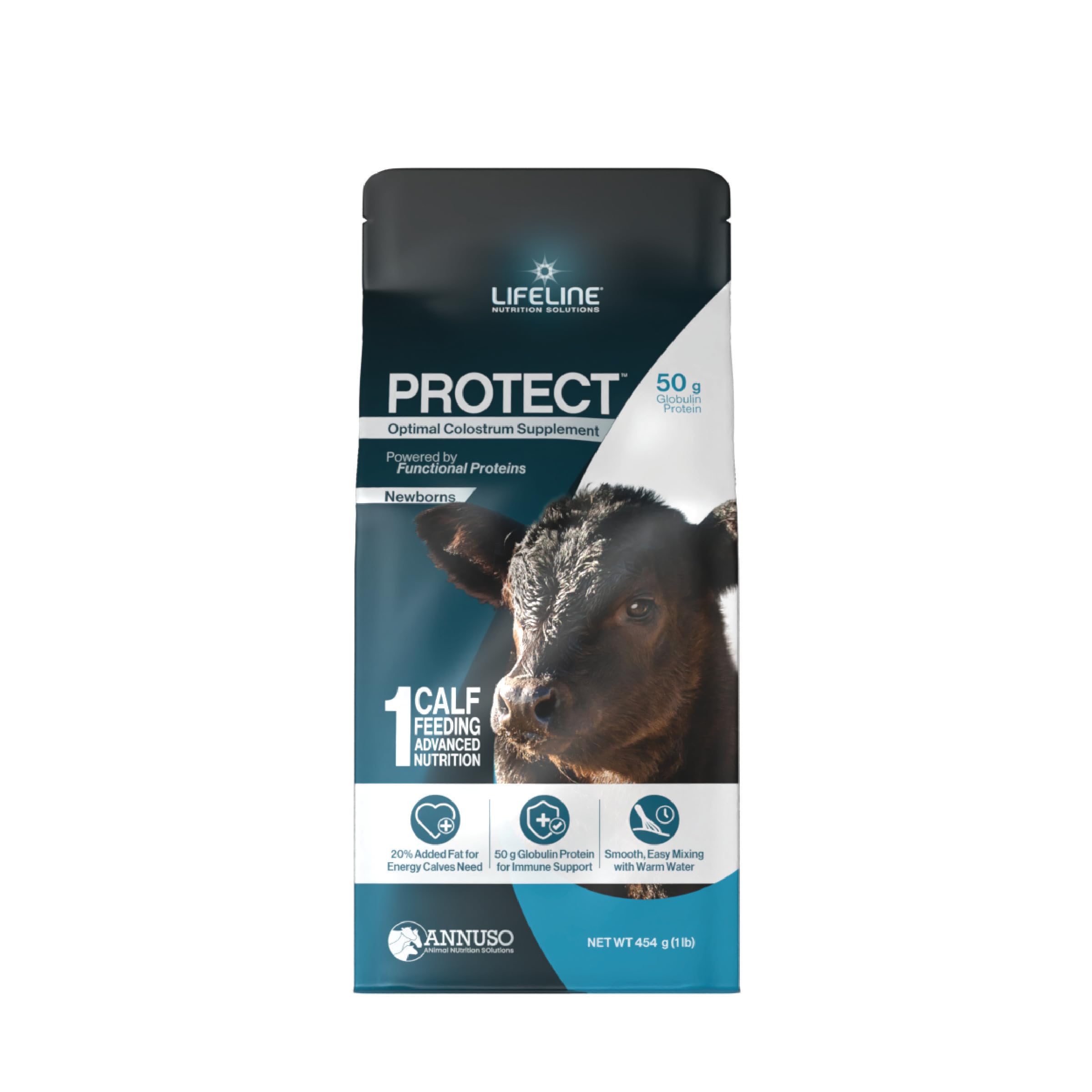 ANNUSO LIFELINE Protect Colostrum Supplement for Calves, 1lb Bag - 50g Globulin Protein per Feeding - 20% Added Fat and Carbohydrates - Immune and Energy Support for Newborn Calves