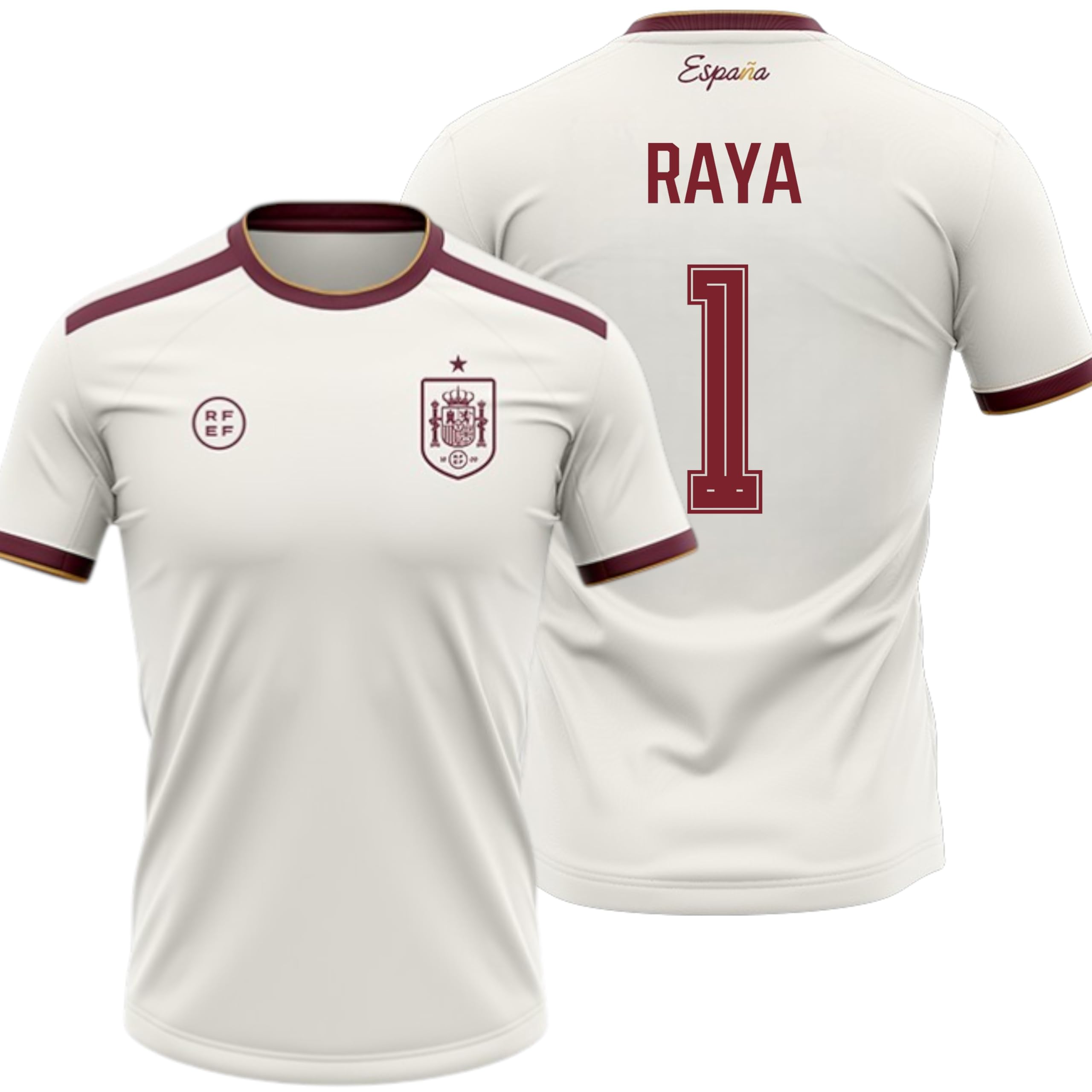 Camiseta España 2026-2028 | Raya 1 Dorsal y Nombre | Color Blanco con Detalles Granate | Manga Corta | Diseño Futbol Aficionados | Tejido Transpirable Deportivo