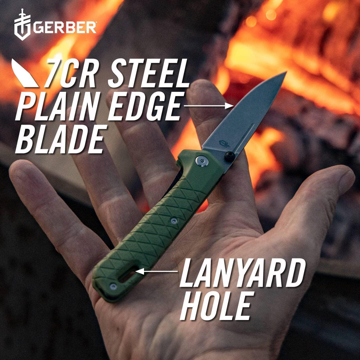 Gerber Navaja con Gancho para Cinturón, Longitud de la Hoja: 7,9 cm, Nylon Reforzado con Fibra de Vidrio/Acero 7Cr17MoV, Verde, Zilch, 1067530