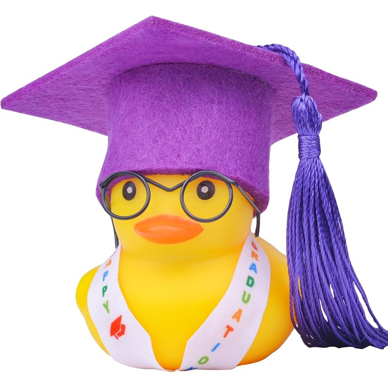 Enfeite de Pato de Borracha para Painel de Carro com Chapéu de Formatura, Faixa e Óculos Roxo-g CoFuBcad
