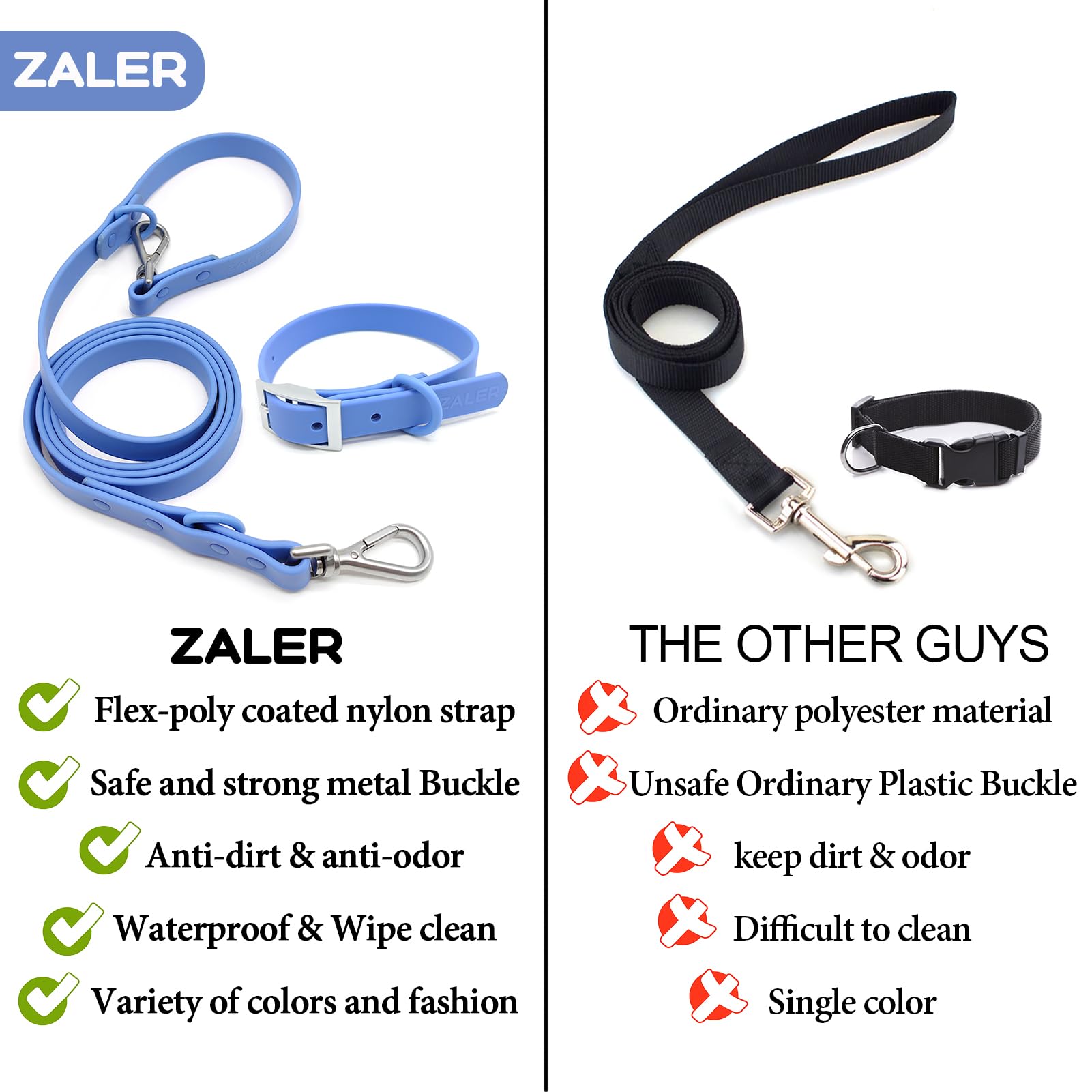 ZALER Juego de collar y correa para perro, correas impermeables ajustables a prueba de olores para perros grandes, medianos y pequeños, correa de perro de 6 pies con soporte para collar de perro