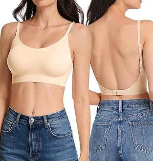 Low Back Bra Seamless Multiway Bralette - Scoop Neck Backless Bras for Women Padded Spaghetti Thin Strap Wireless Bra