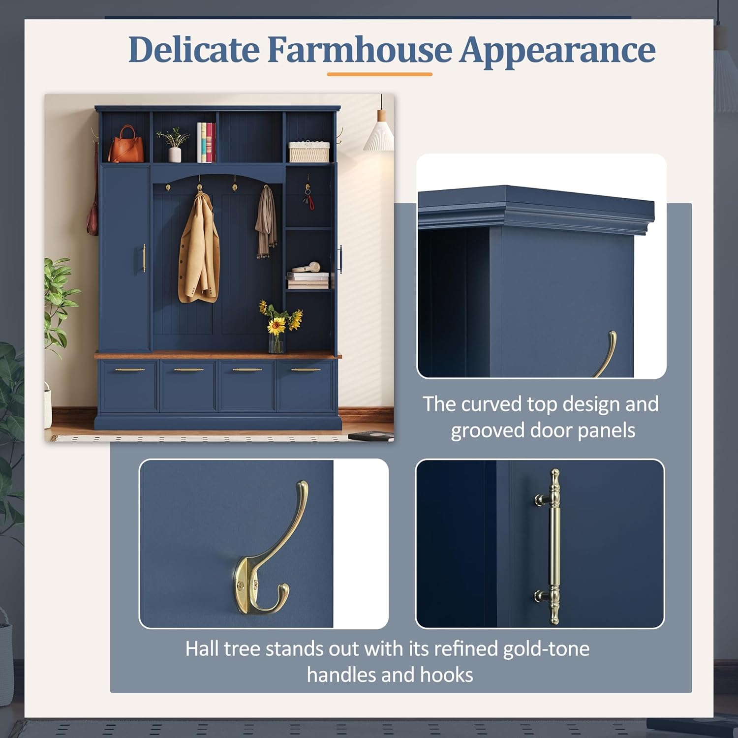 Merax 59" W Hall Tree with Golden Hooks & Handles, Practical Entryway Walnut Bench with Adjustable Shelves, 76.7" H Farmhouse Wooden Style Coat & Shoe Rack for Mudroom, Living Room, Blue