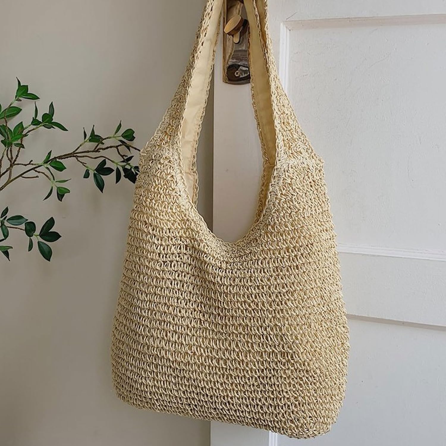 ショルダー ソフト ストロー バッグ ハンドメイド ウーブン バッグ カジュアル 大容量 レトロ サマー ビーチ バッグ ラタン ハ