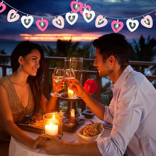 Miniatura 5 de Mudder Guirnalda de luces de hadas para el día de San Valentín, 10 pies, 20 luces LED de madera con forma de corazón rojo y rosa para San Valentín,