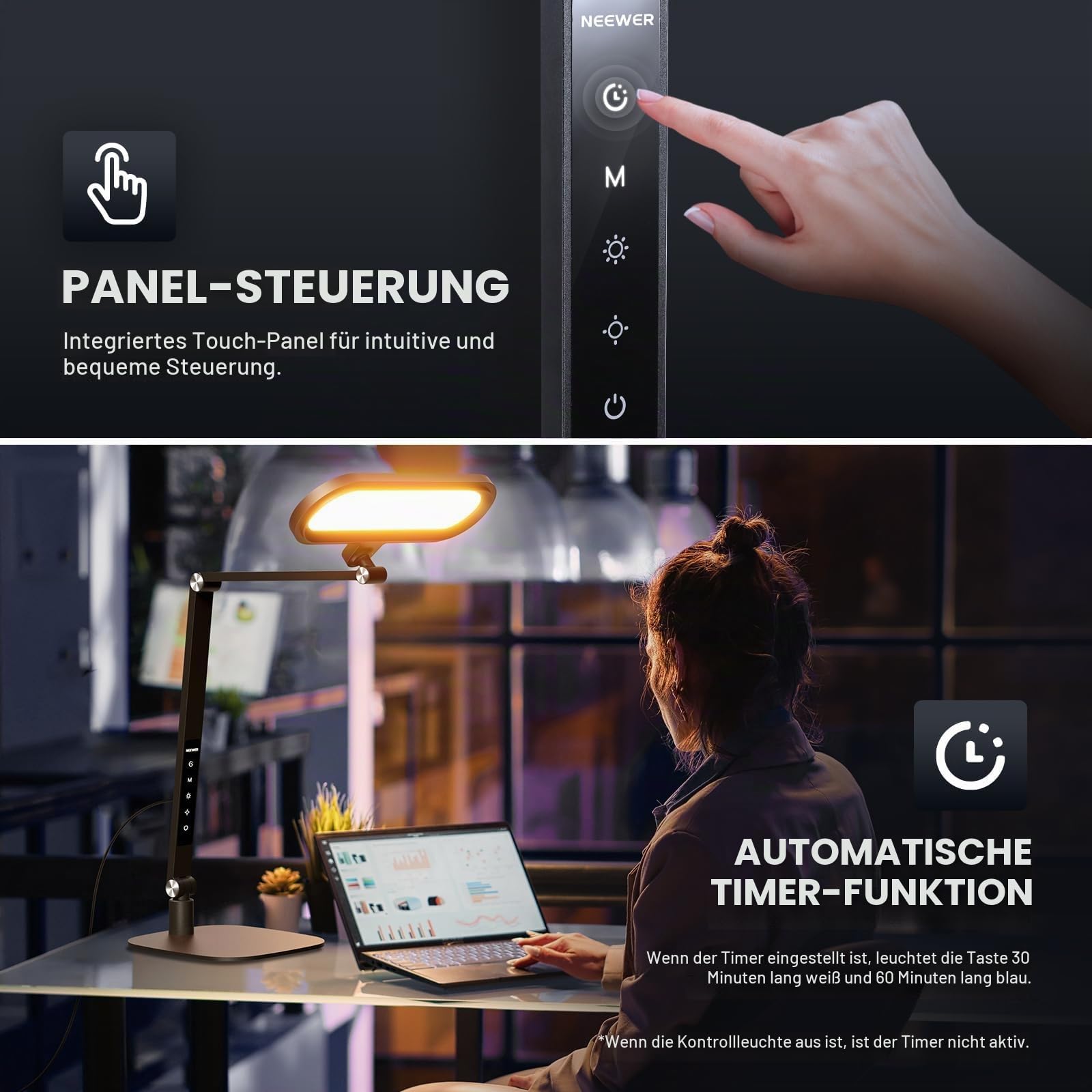 NEEWER Basics 16W Desktop LED Lampe für Homeoffice, Videokonferenzen und Lesen, augenschonendes, doppelseitiges, dimmbares Touch Ringlicht mit Tischständer, Memory Timer, 5 Farbmodi, CRI95, FR16