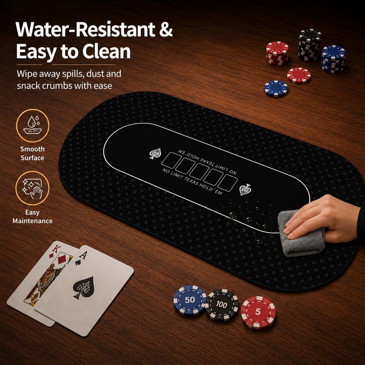 Tappetino da poker 180 × 90 cm, 10 giocatori Texas Hold'em Poker in gomma topper per tavoli, pieghevole portatile tavolo da poker layout con borsa per il trasporto per giochi di poker, blackjack