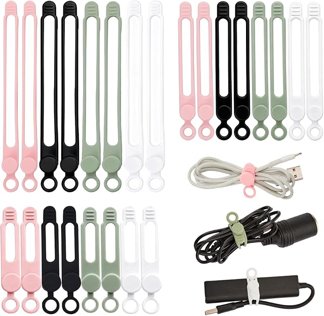 24pcs Organisateur de cordons, Poignées de câble en silicone réutilisables, Cord Ties for Bundling Earphone Phone, Elastic Wire Ties Cable Organizer for fixing Cordes