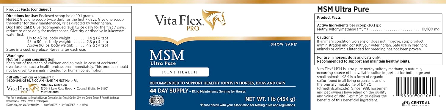Vita Flex Pro MSM Joint Supplement | Odorless | For Horses, Ponies, Dogs and Cats | 1 lb (3000093) : Pet Supplies