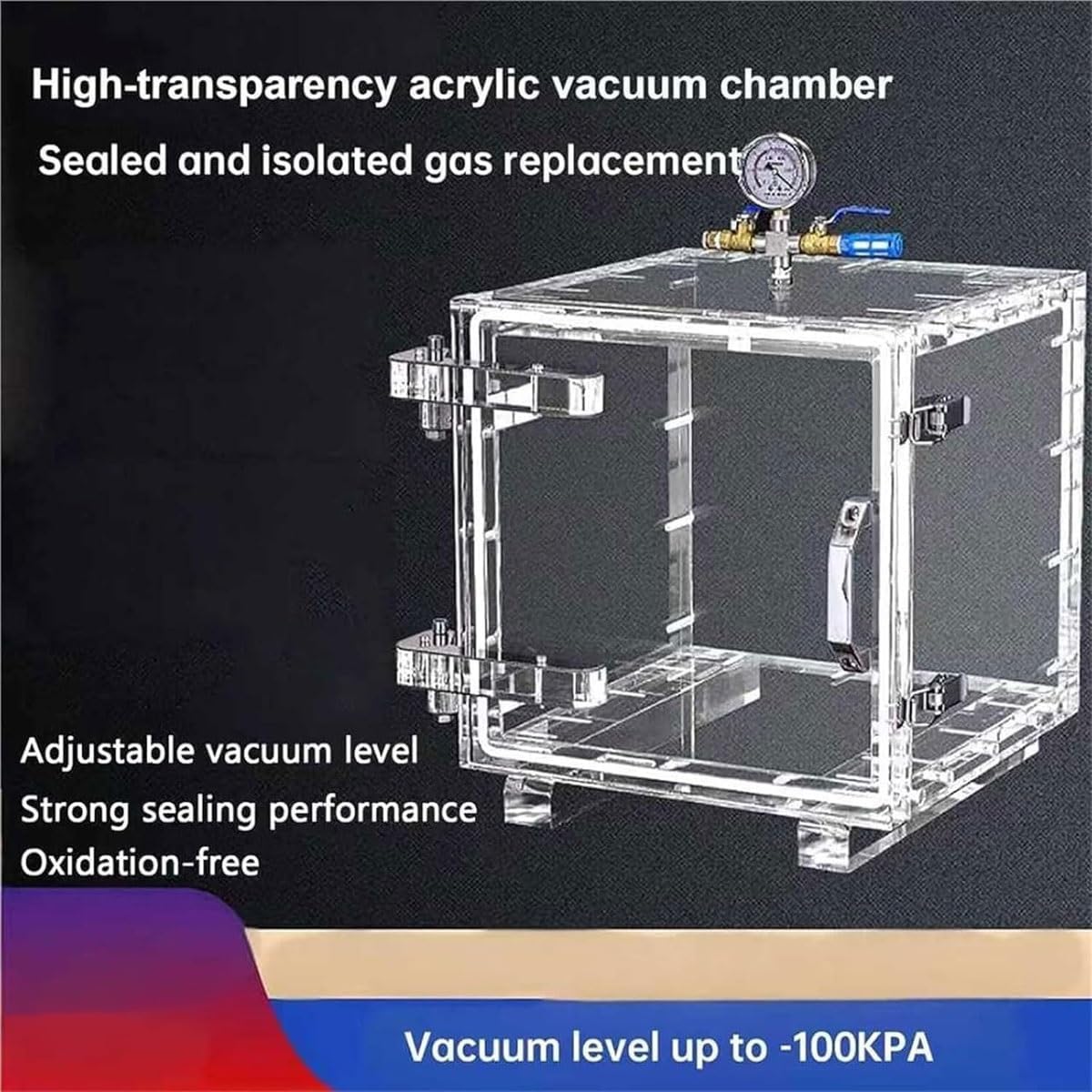 Cámara de vacío acrílica, Control de presión | Caja de vacío acrílica con manómetro, Válvula bidireccional, Diseño transparente, Para procesamiento(25cm)