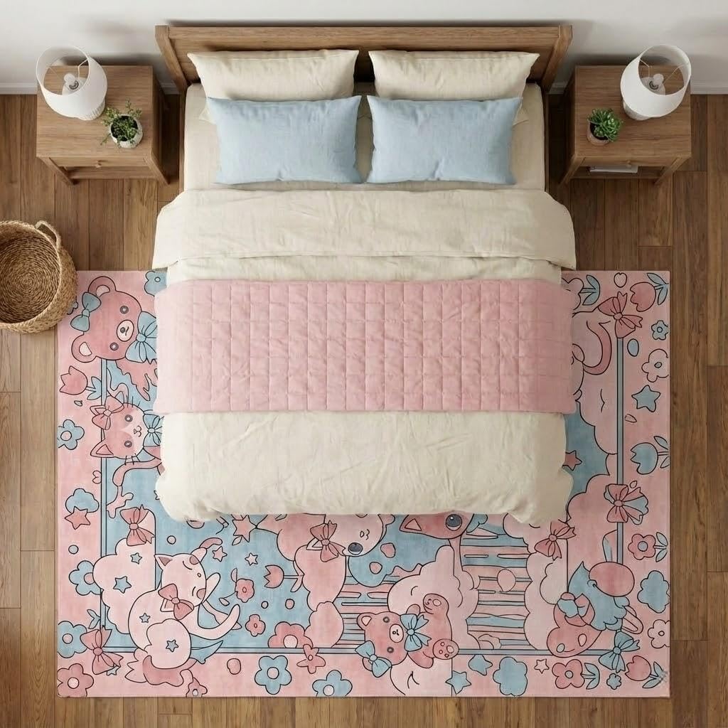 5X7 Area Rugs for Living Room, Machine Washable Non Slip Cartoon Rugs, Low Pile Lightweight Cute Cat Bow Floral Pink Rug for Kids Room,Bedroom, Dining Room