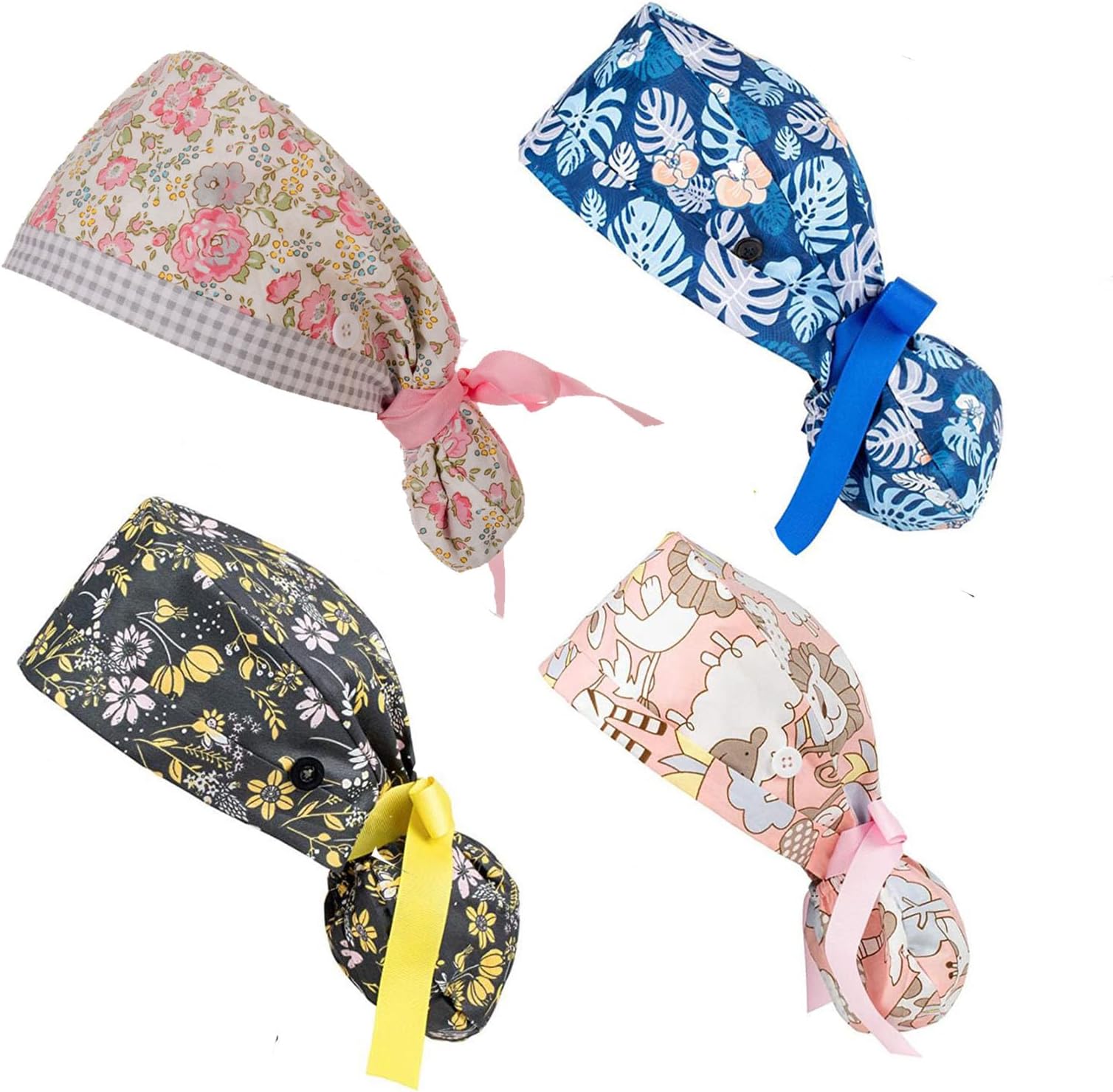 Nursing Caps for Women Hair Covers Scrub Cap Ponytail Working Cap with Buttons and Ribbon Tie for Women Long Hair