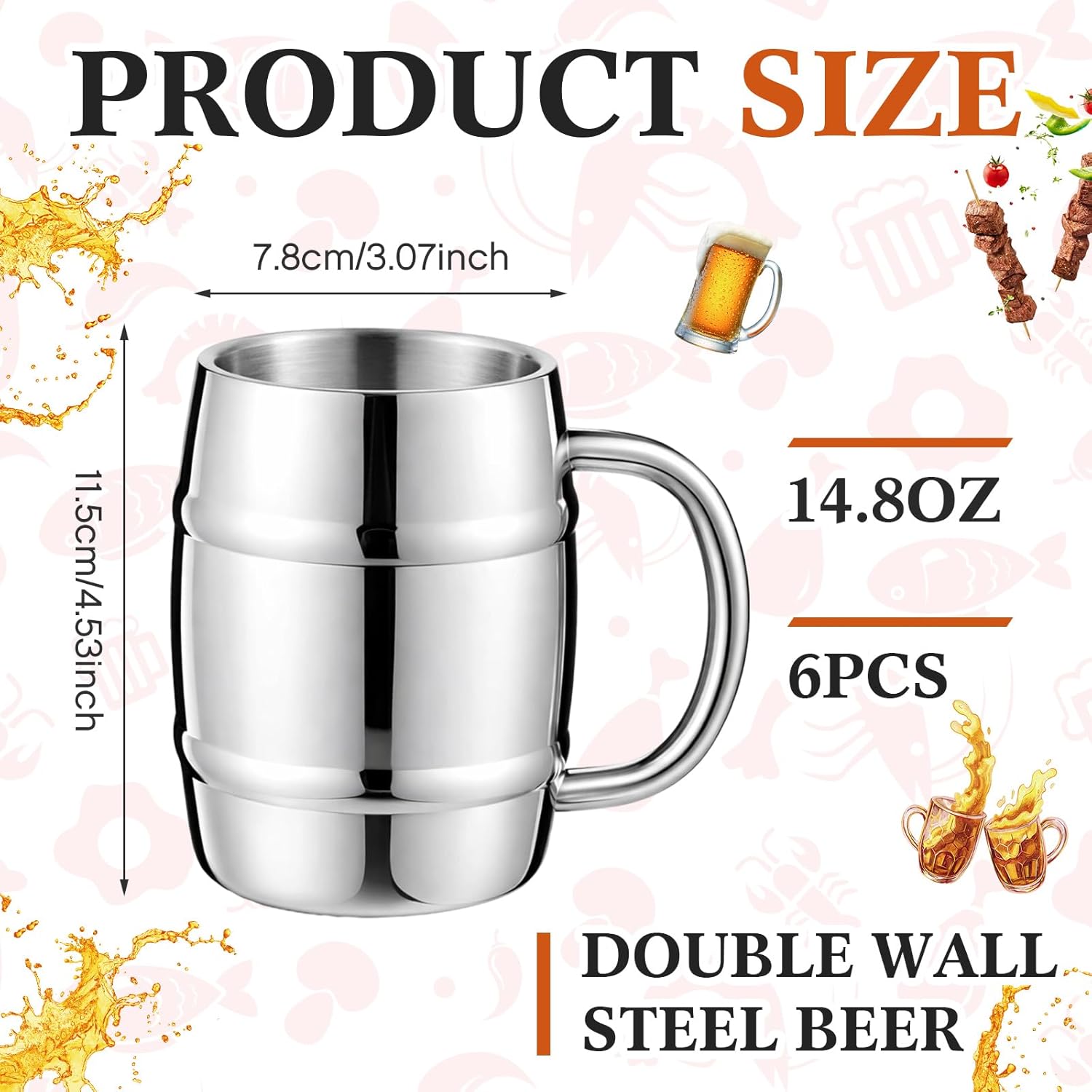8 Pcs 304 Stainless Steel Barrels Mugs 15 oz Double Wall Coffee Cup Beer Stein Cup with Handle for Party Travel Tumbler Tea Insulated Cold Hot Drinks