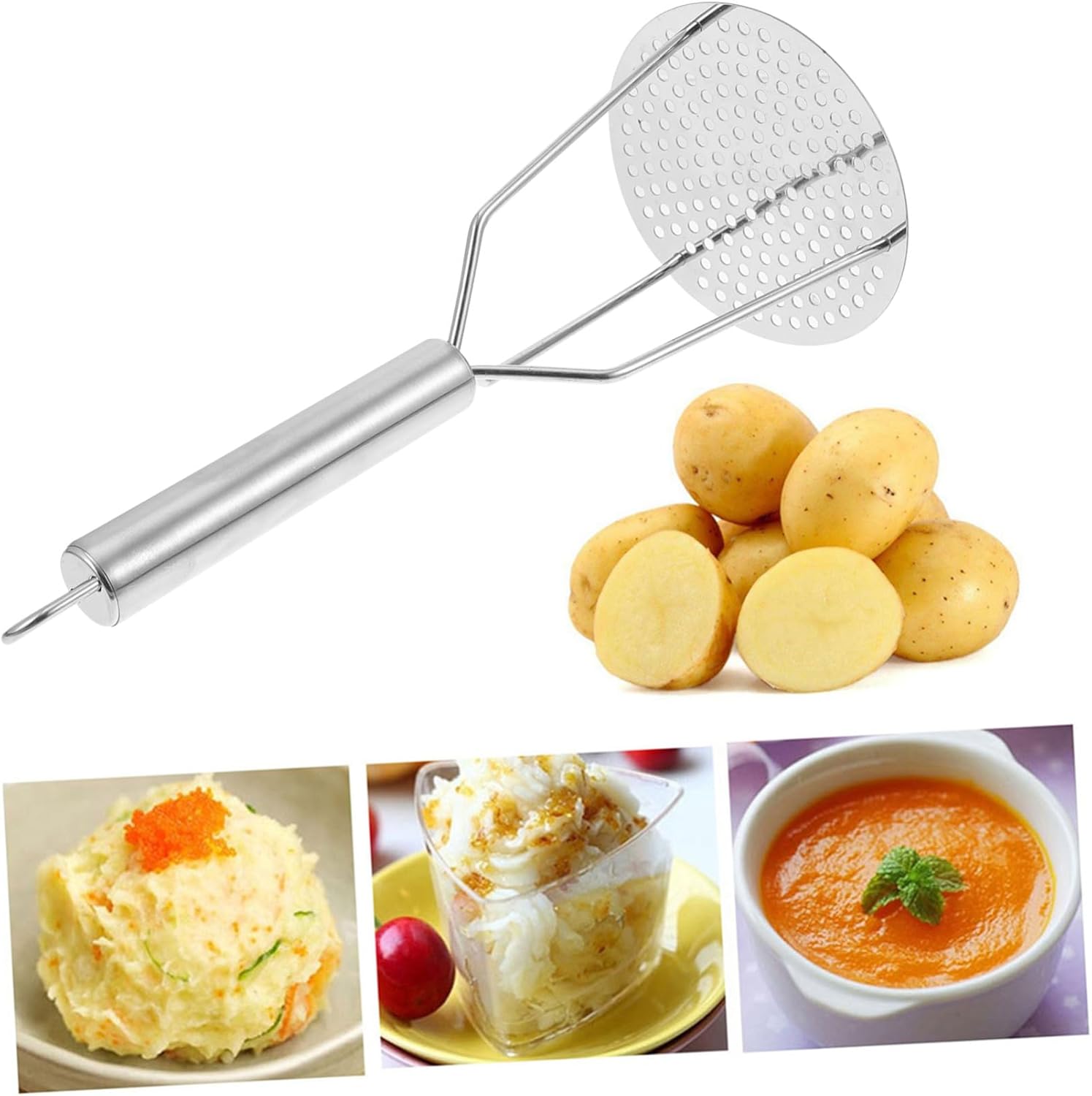 2pcs Stainless Steel Potato Masher with Thickened Pressure Plate Fine Mesh for Faster Puree Vegetable and Fruit Masher Kitchen Tool with Hanging for Convenient Storage