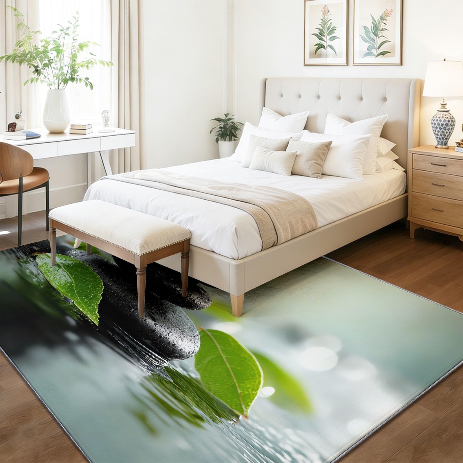 Minimalism Naturalny dywan, 80 x 150 cm, czarne kamyki, liście, można prać w pralce, duży dywan do salonu, antypoślizgowy miękki dywan z niskim runem do sypialni i jadalni, trwały wystrój domu