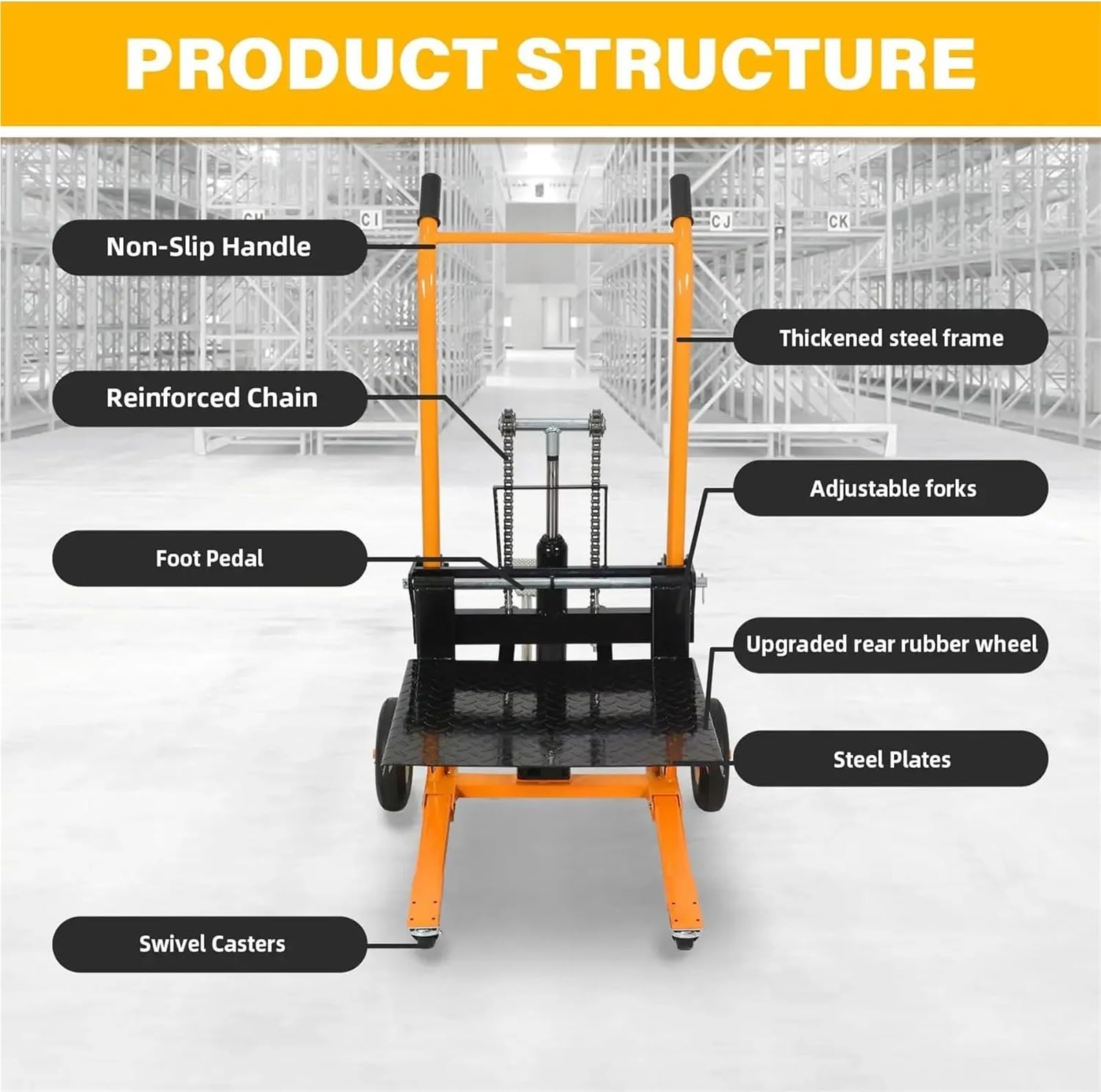 Transpallet manuale per impieghi gravosi, capacità 200 kg, con verricello e volanti, altezza di sollevamento 89,9 cm per magazzini, industriali e logistici