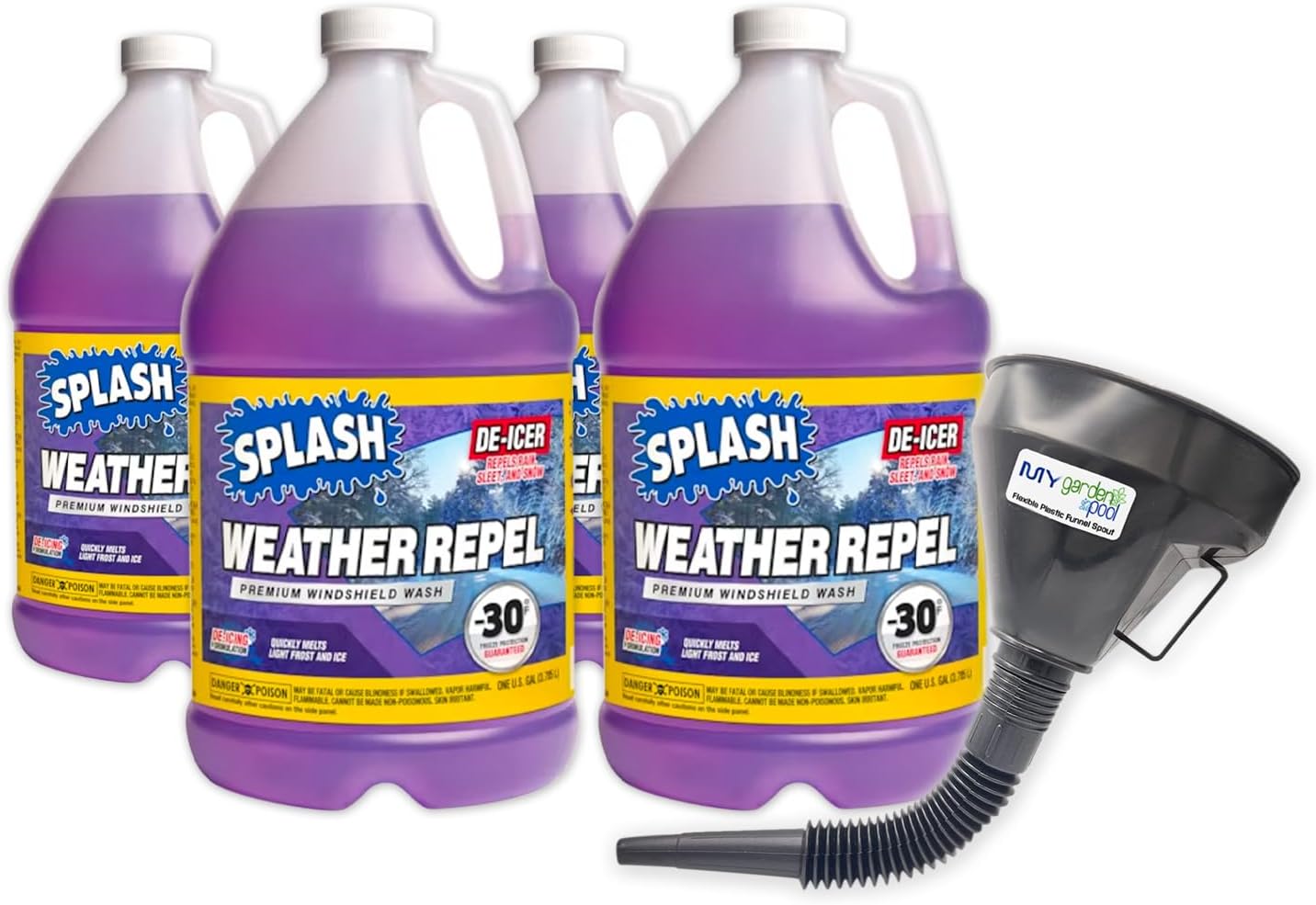 Splash Purple -30 Weather Repel Windshield Washer Fluid Four Pack, 4 x 1 Gallon - Cold-Weather Defense Plastic Funnel Spout for Easy Pouring Hard-to-Reach Vehicles