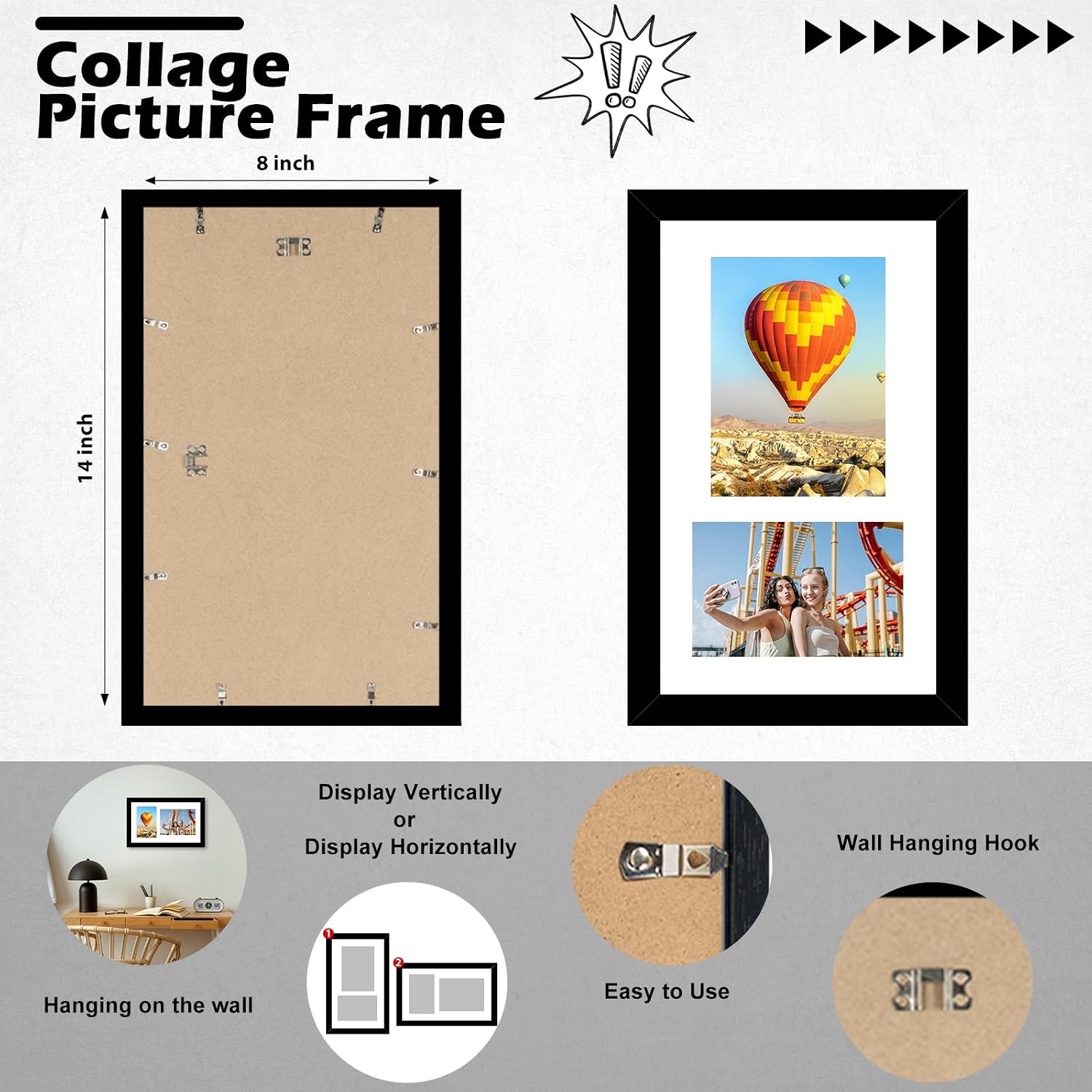 Wood 8x14 Collage Picture frames, Display 4x6 and 5x7 with Mat or 8x14 Without Mat, Wall Hanging 2 Opening Photo Frame with Shatter Resistant Plexiglass, White Mat, Black