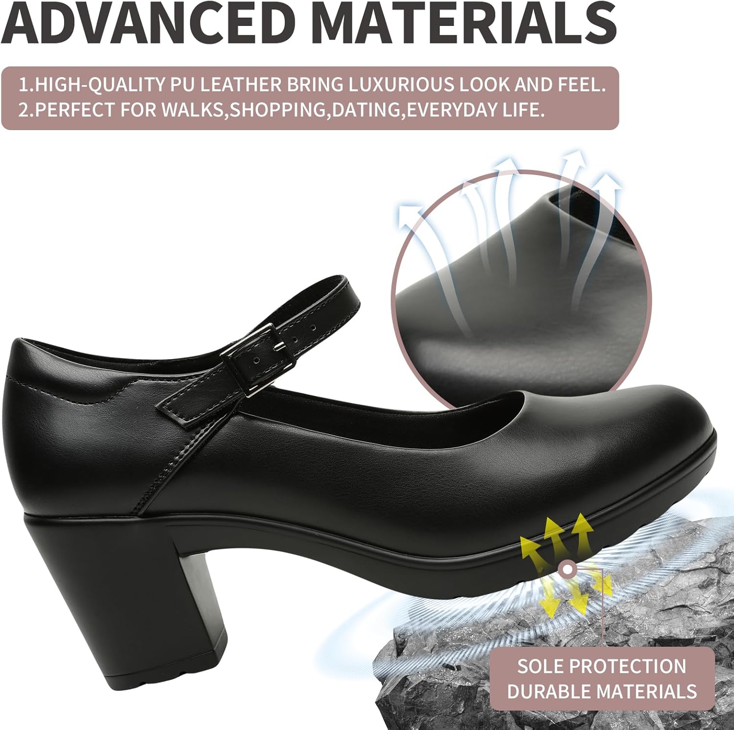 Womens Mary Jane Dress Shoes Chunky Low Block Heels 7CM Closed Toe Work Platform Pumps Dressy Orthopedic for Business Flight Wedding Office Ankle Strap Leather Casual Comfort with Arch Support - Image 3