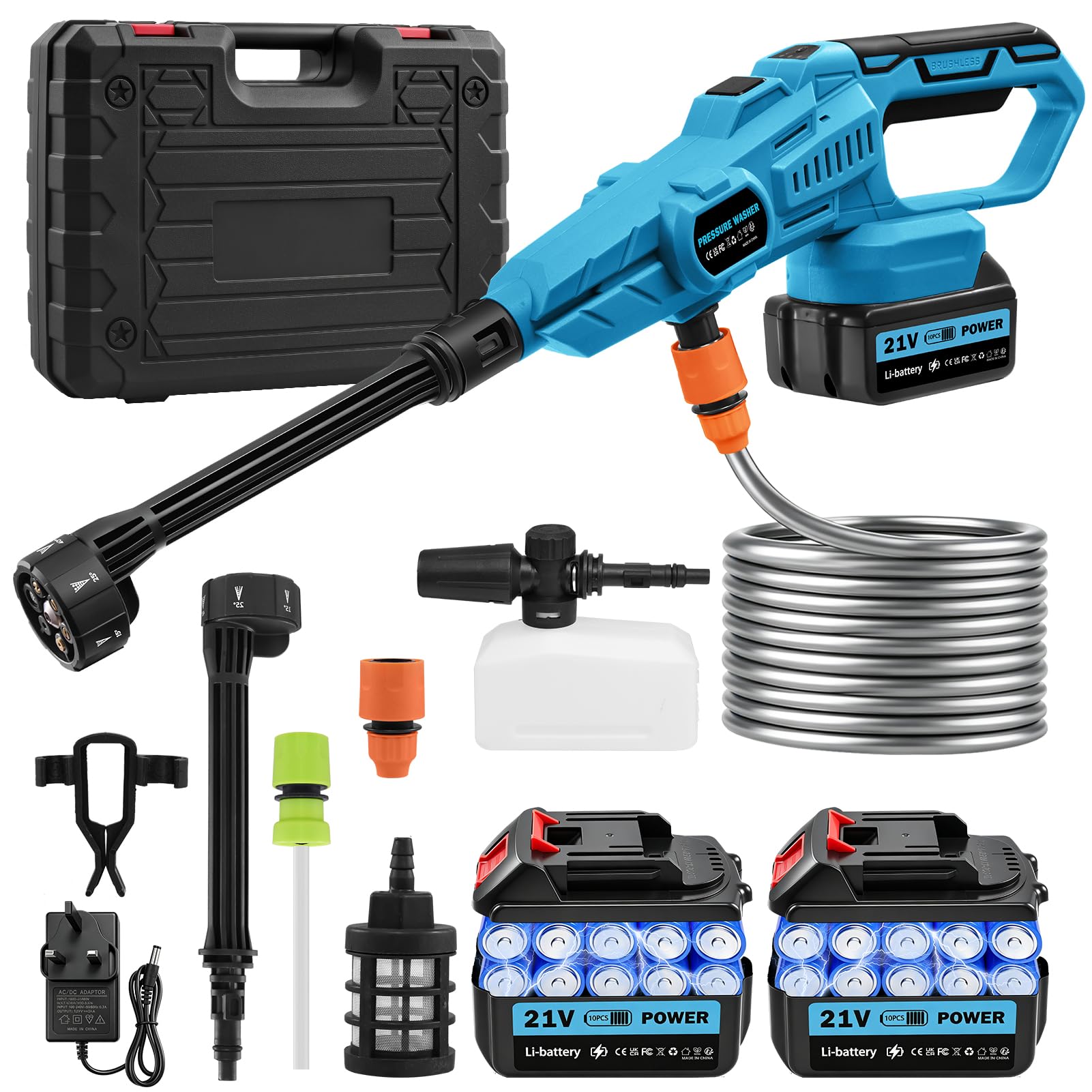 RugoTech Cordless Jet Wash, 21V – 120 Bar Portable Pressure Washer with 2x3.0Ah Battery, 6-in-1 Nozzle, Foam Sprayer & 5m Hose – 3-Speed Power Washer for Car, Patio, Garden & Pets