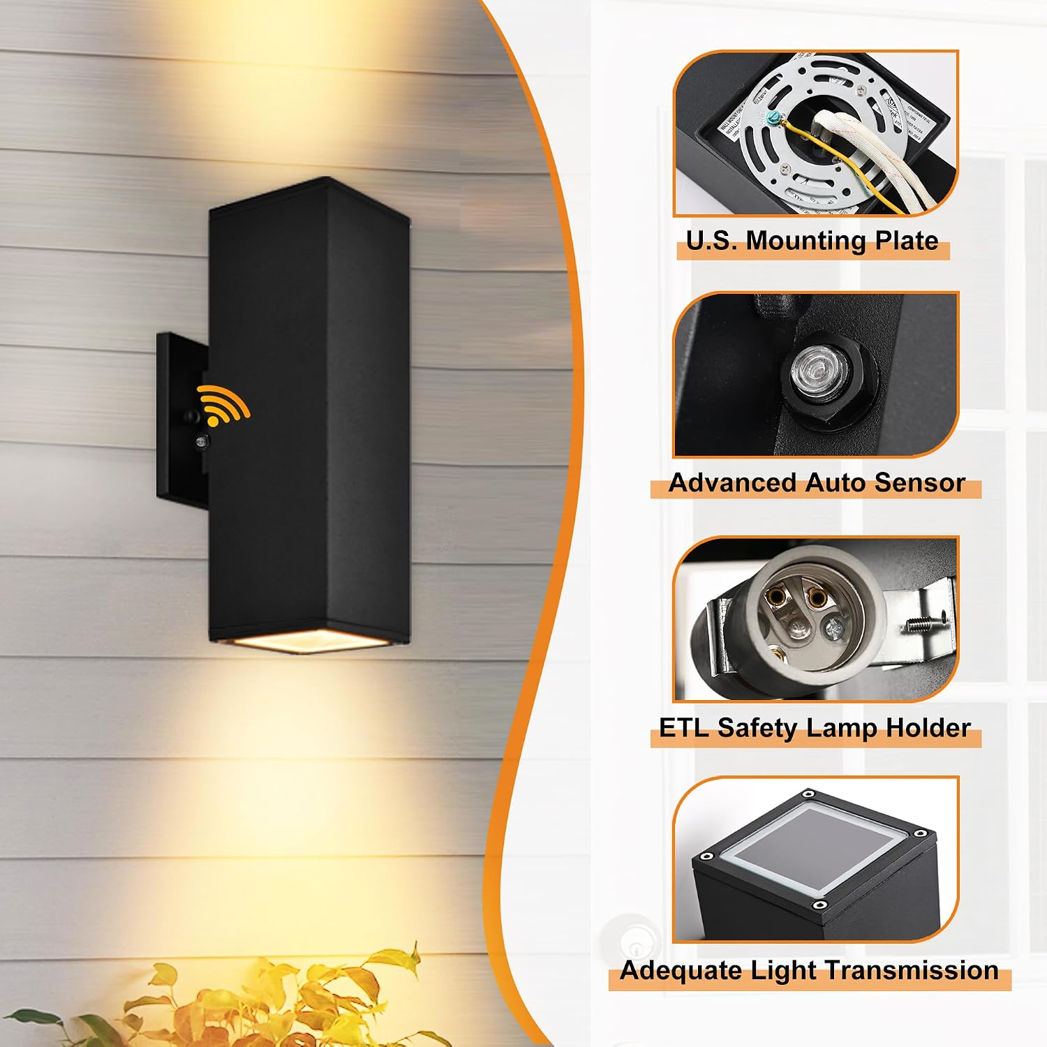 Dusk to Dawn Outdoor Wall Lights, 2 Pack Waterproof Exterior Lighting Fixtures, Up Down Porch Lights Outdoor Lights for House Porch Patio, ETL Listed
