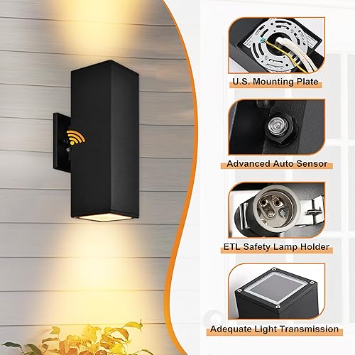 Miniatura 6 de YOFOVI Luces de pared al aire libre del anochecer al amanecer, paquete de 2 accesorios de iluminación exterior impermeables, luces de porche arriba