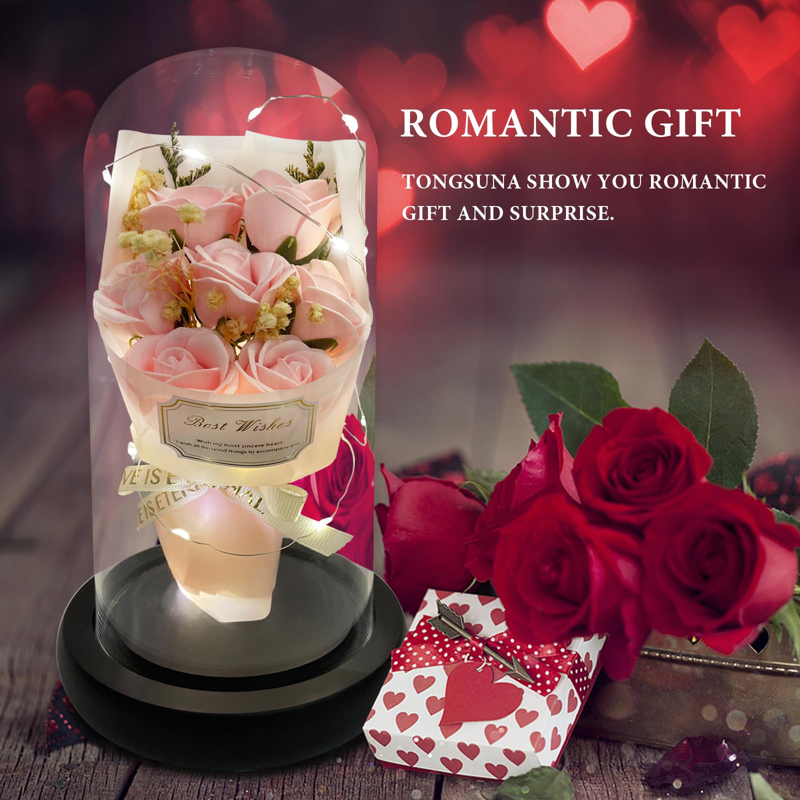 Cadeau pour elle - Bouquet de fleurs éternelles - Dôme en verre préservé - Lumière LED - 100 langues - Collier pour la fête des mères, un anniversaire, la Saint-Valentin - Cadeau romantique pour femme