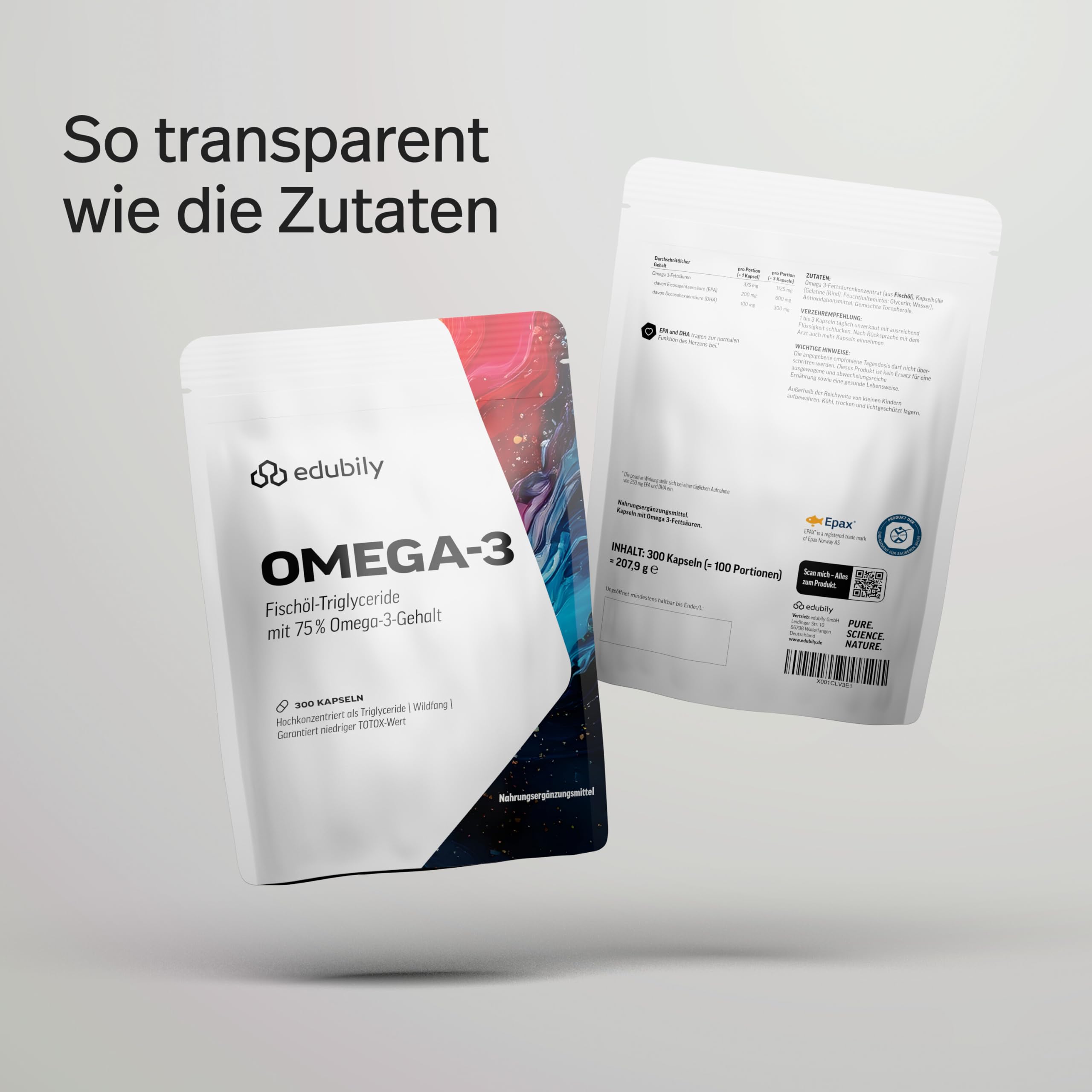 edubily® Omega-3 Fischölkapseln - 70% Omega 3-Gehalt - EPA DHA Kapseln in pharmazeutischer Qualität aus nachhaltigem Wildfang (300 Kapseln)