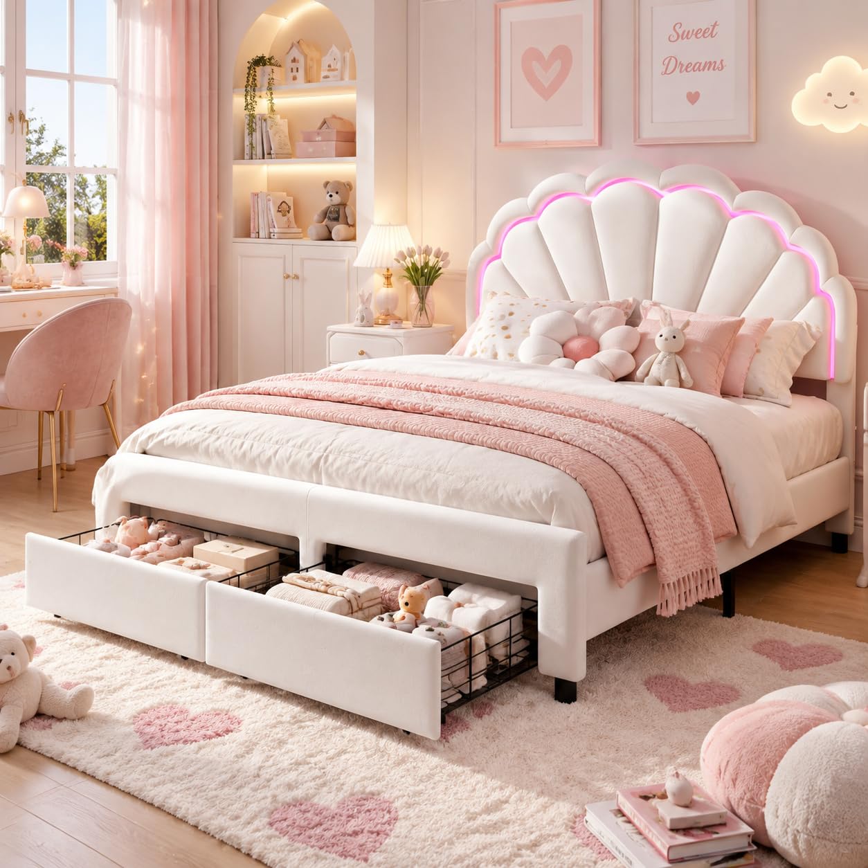 4FT Small Double Bed, LED Storage Upholstere Bed 120x190cm for Kids Teen — image 1