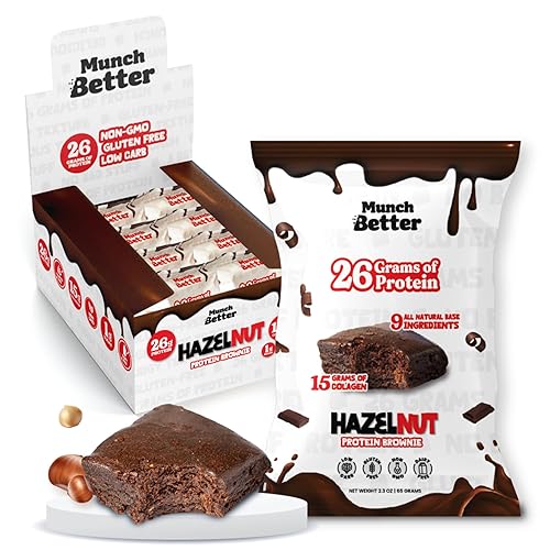 Munch Better Brownies de proteína de avellana - 0.92 oz de proteína, sin lácteos, sin gluten, bajos en azúcar, 0.55 onzas de colágeno, ingredientes