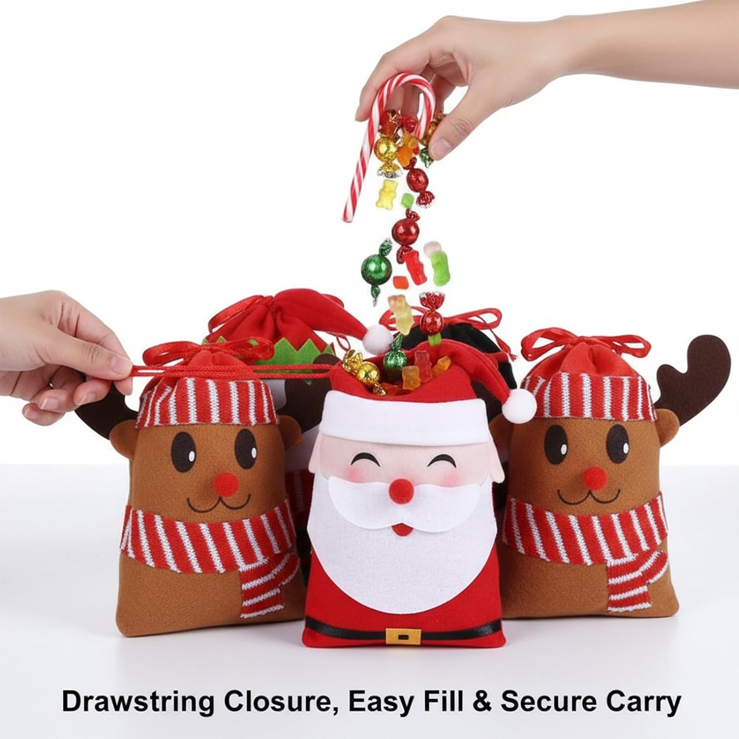 Hemoton 12pcs Christmas Drawstring Gift Bags, Reusable Xmas Wrapping Treat Bags Christmas Party Favor Pouch Goody Sweet Treat Candy Bags for Holiday Goodie Cookie gift giving, Snowman Santa Claus Elk Penguin