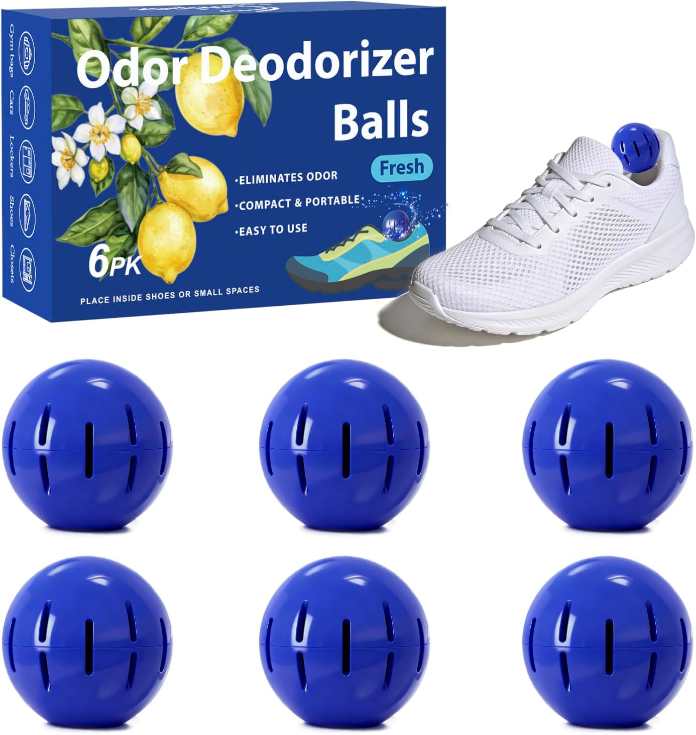 Sneaker Deodorizer Shoe Freshener Balls 6 Pack Fresh Scent, Small Spaces Odor Eliminator for Gym Bags, Cars and Lockers, Long-Lasting Odor Control, No Twist Just Drop In