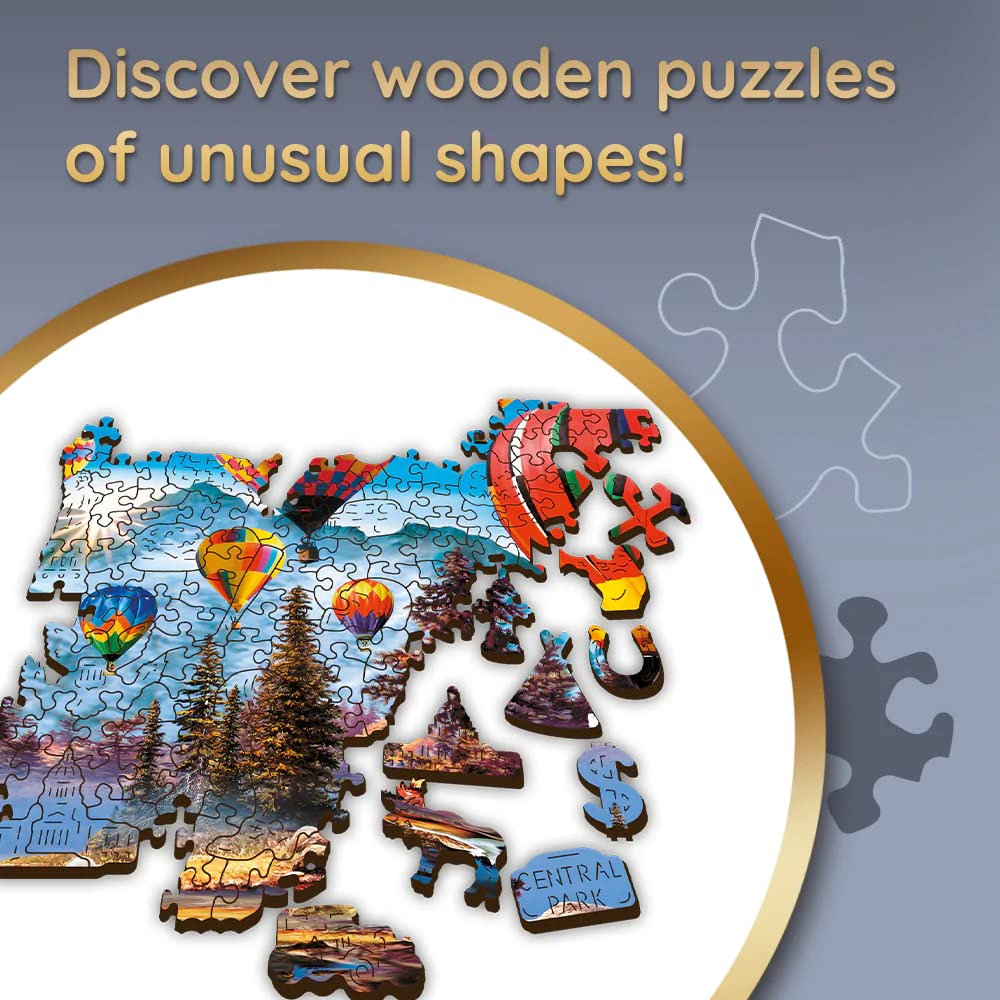 Trefl - Puzzle in legno, Palloncini colorati - 1000 elementi, artigianato ligneo, forme irregolari, 100 figure di monumenti e simboli americani, moderno puzzle premium