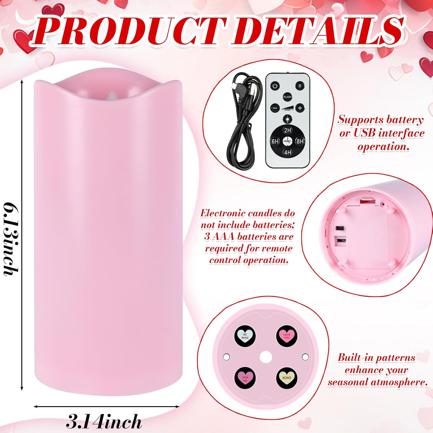Valentines Day Decorations, Flameless Candles with Heart Projector - Romantic Pink Candles Battery Operated LED with Remote Timer, USB Powered for Bedroom, Party, Home Decor