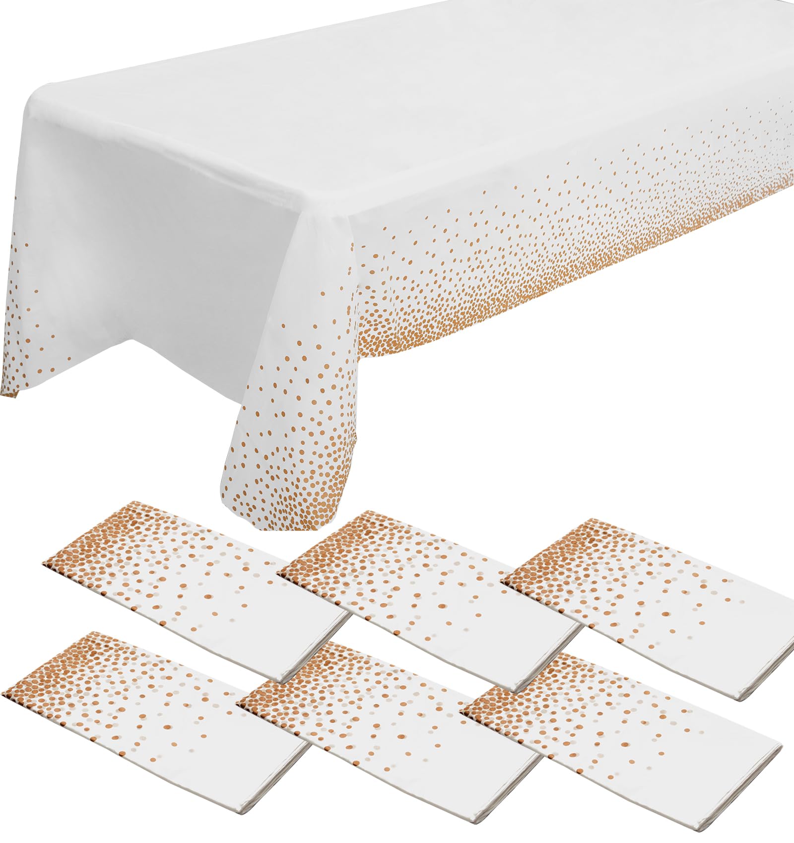 6er-Pack Tischdecken mit rosédenen Punkten für rechteckige Tische, 137 x 274 cm, weiße Kunststofftischdecken, wasserdichte Einweg-Partytischdecken, Tischdecke mit denen Punkten und Konfetti für