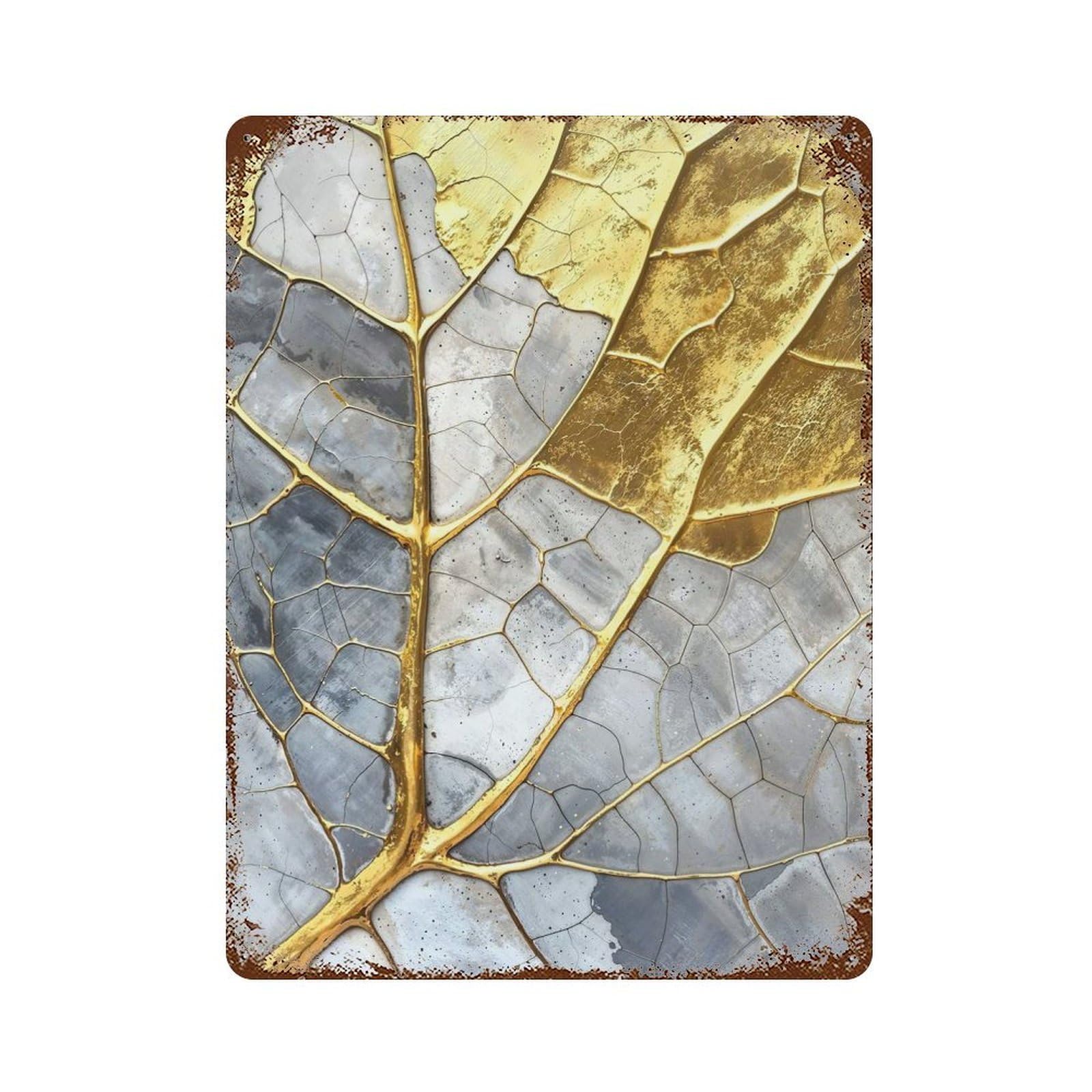 Golden Leaf Mosaic 15.7"x11.8" Distressed Metal Wall Sign, Shabby Chic Decor for Shed, Workshop And Garage Wall Decor