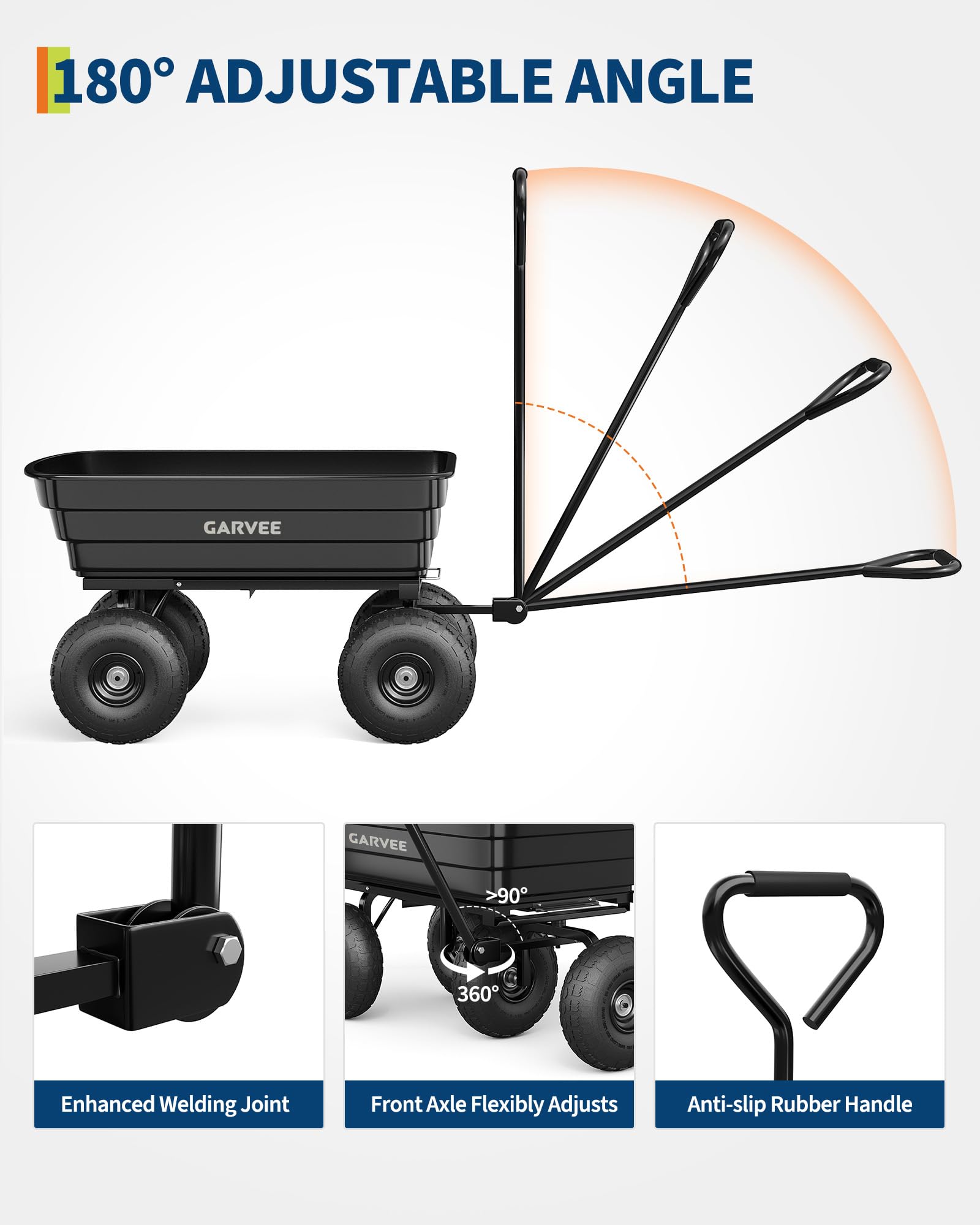 GarveeHome Gartenwagen mit Kippfunktion bis 270 kg Transportwagen | Bollerwagen mit Lenkachse Luftbereifung auf Stahlfelge, Gartenkarre Dumper für Gartenarbeit Rasen