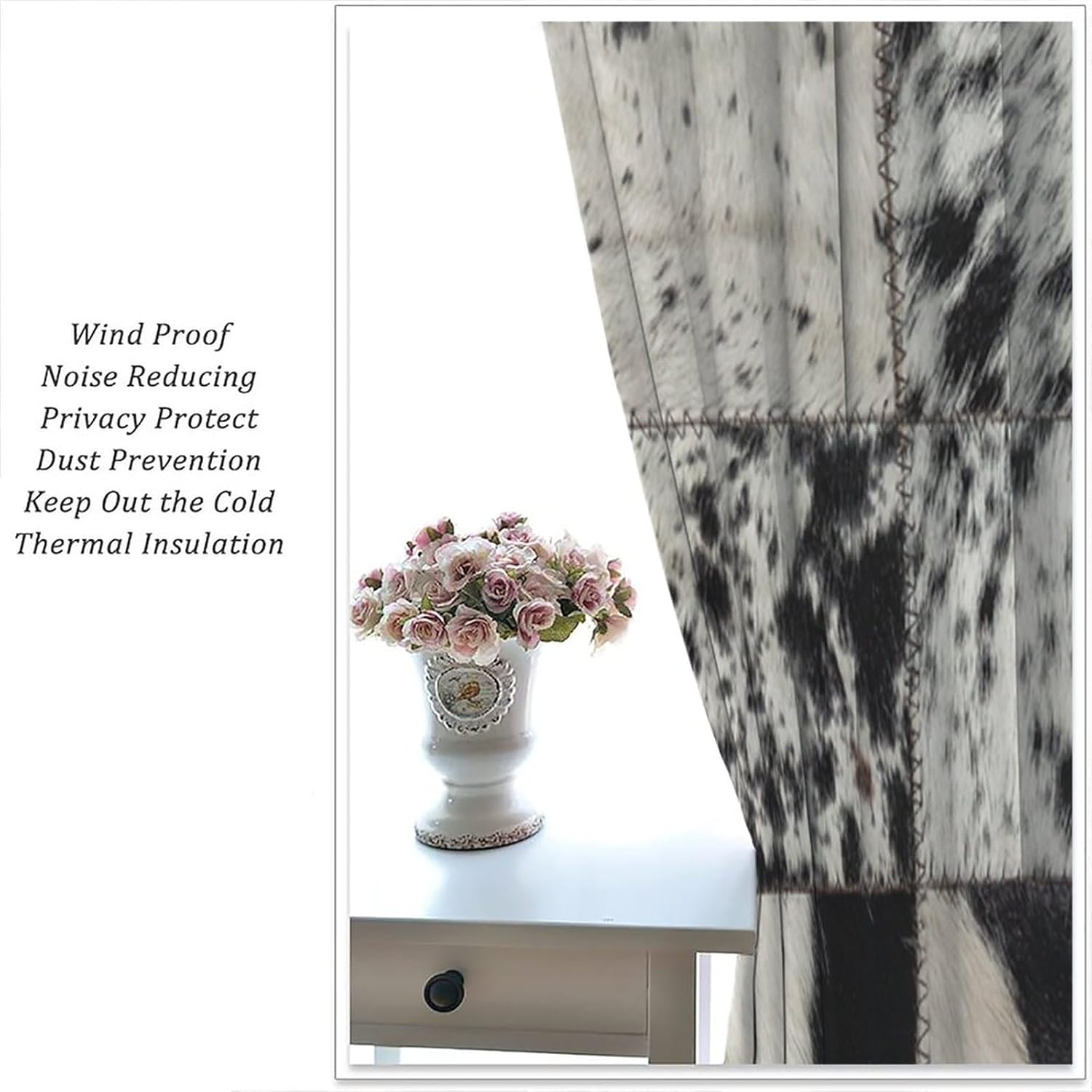 Vintage Rustic Wildlife Fur Curtains, Western Farmhouse Cowhide Black Spotted Animal Skin Patchwork Print Window Treatments, Blackout Rod Pocket for Living Room Bedroom Bathroom Kitchen 72x63in